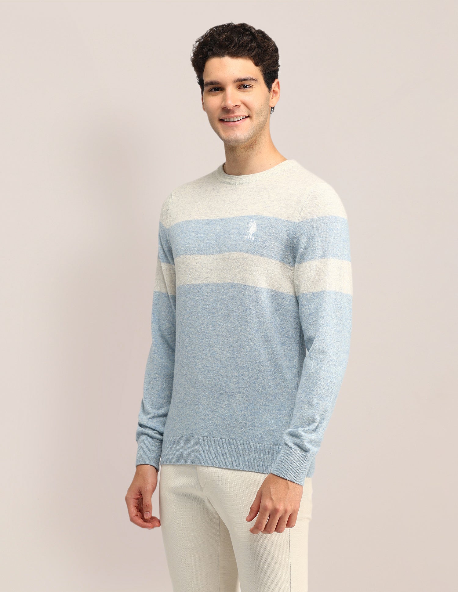 Colour Blocked Regular Fit Sweater Off White - U.S. Polo Assn. India | Large