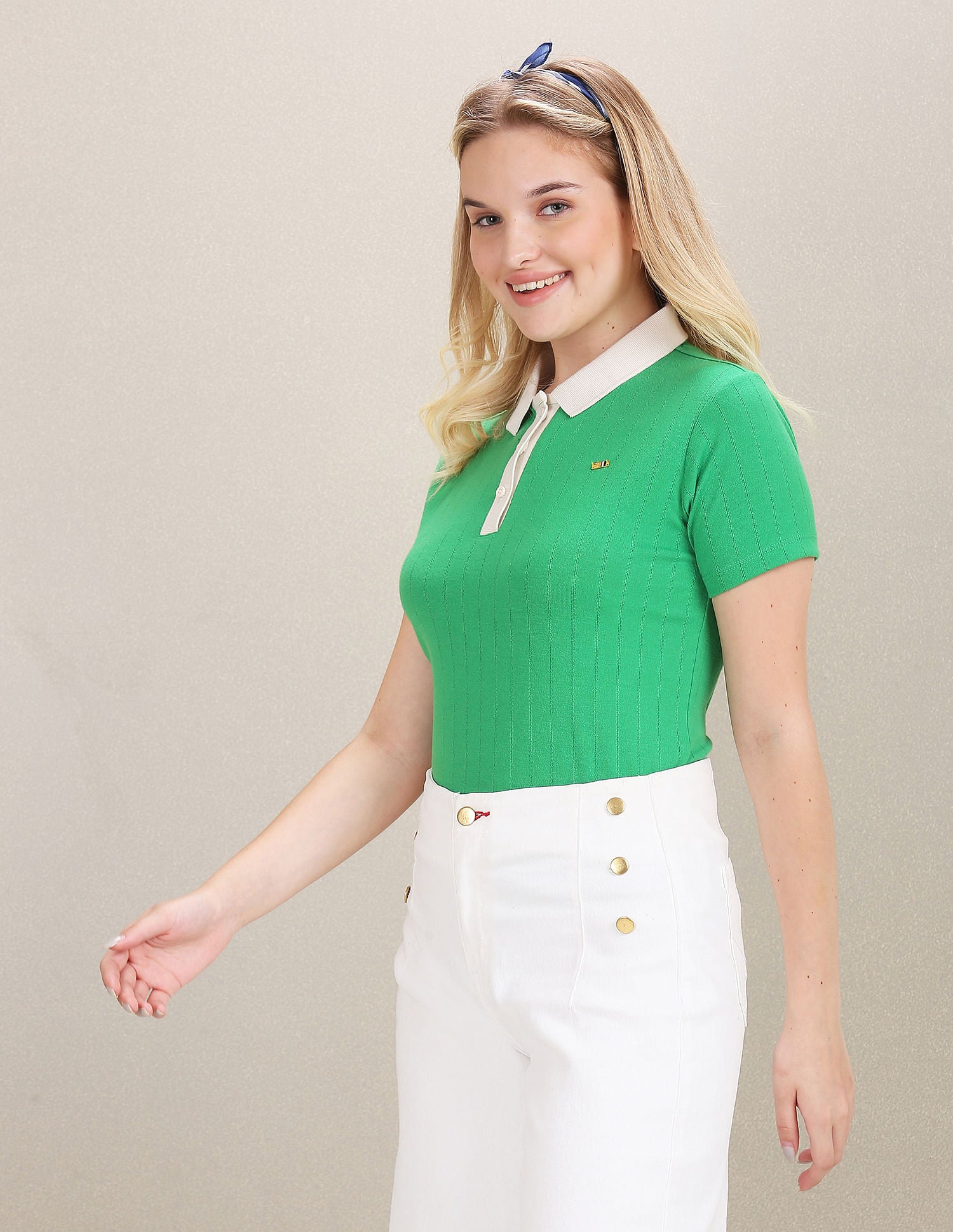 Contrast Collar Vertical Stripe Polo Shirt Green - U.S. POLO ASSN. | Large