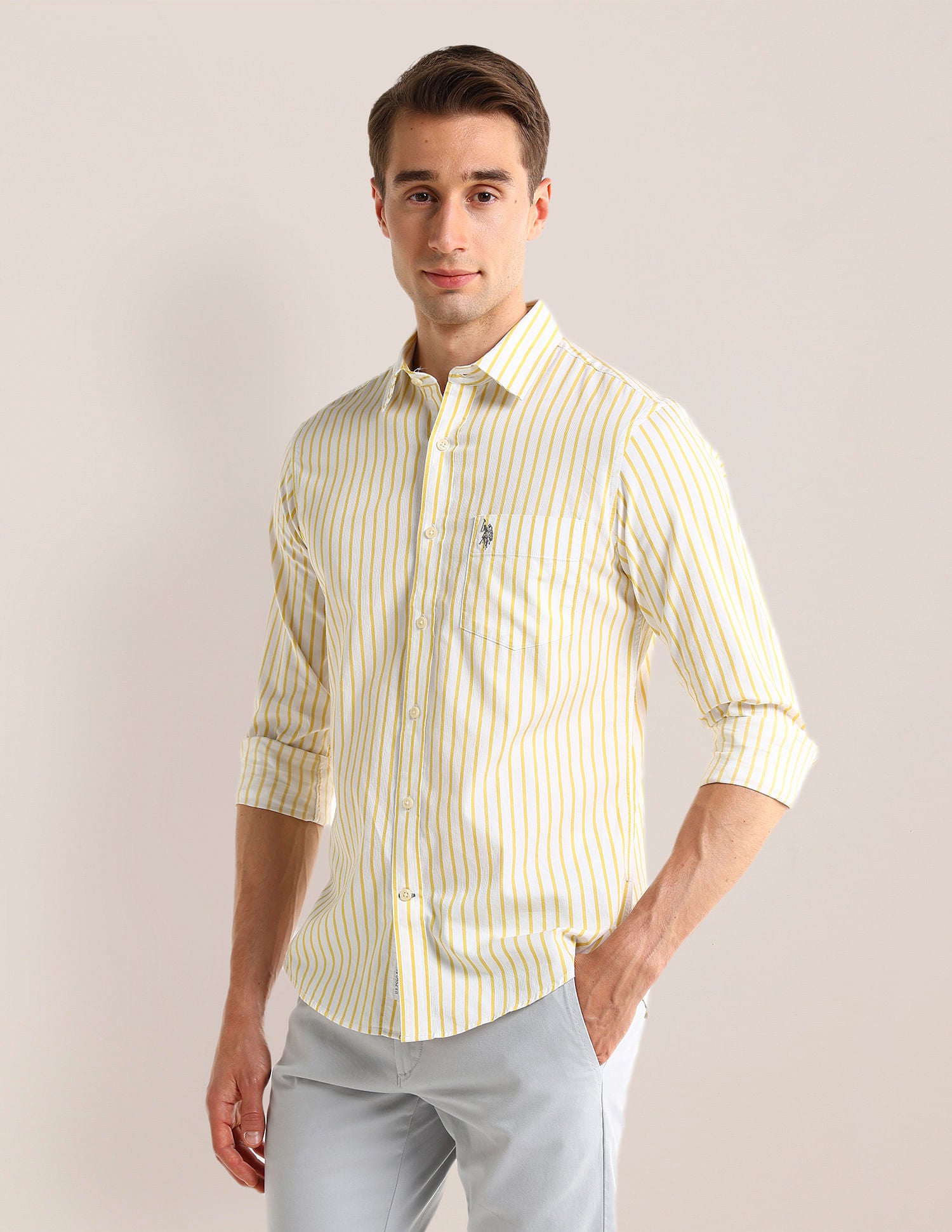 Tailored Fit Vertical Striped Shirt Yellow - U.S. POLO ASSN. | Large