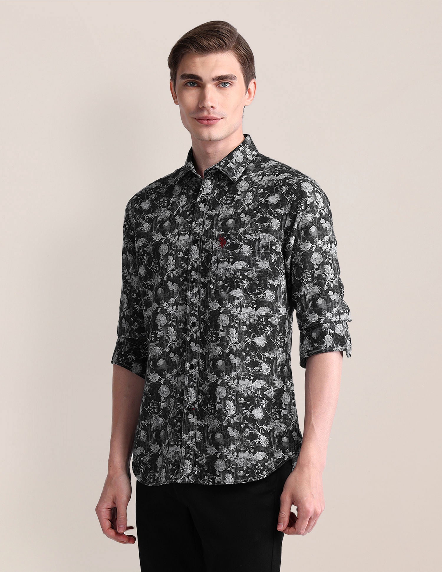 Tailored Fit Floral Shirt Charcoal-Grey - U.S. Polo Assn. India | Large