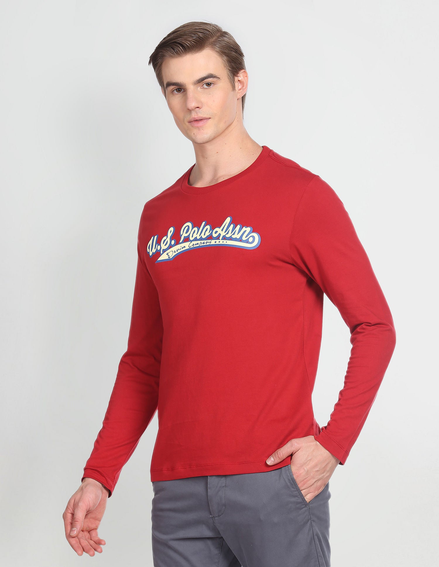 Crew Neck Long Sleeve Brand Print T-Shirt Red - U.S. Polo Assn. India | Large