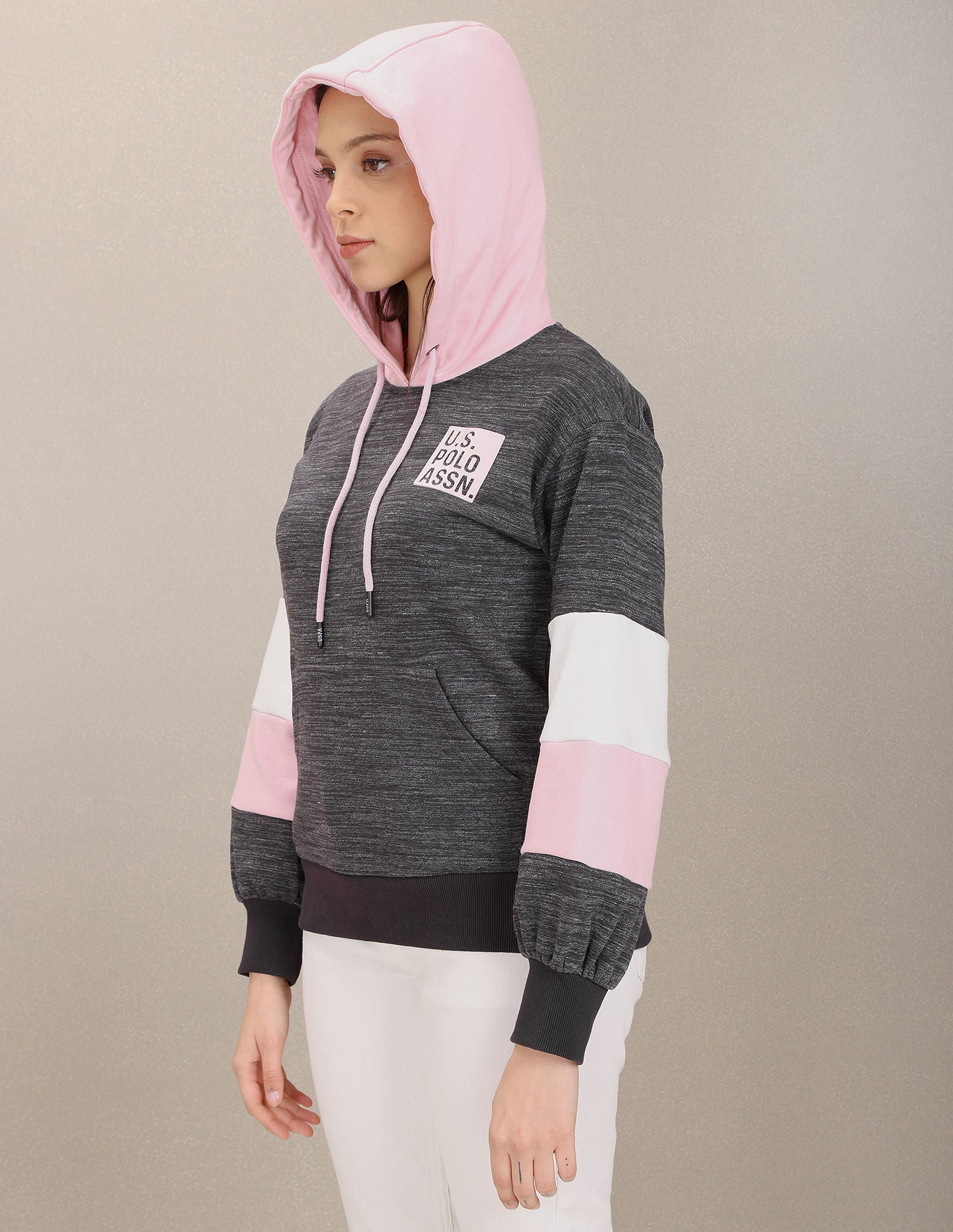 Hooded Panelled Sleeve Heathered Sweatshirt Grey - U.S. Polo Assn. India | Large