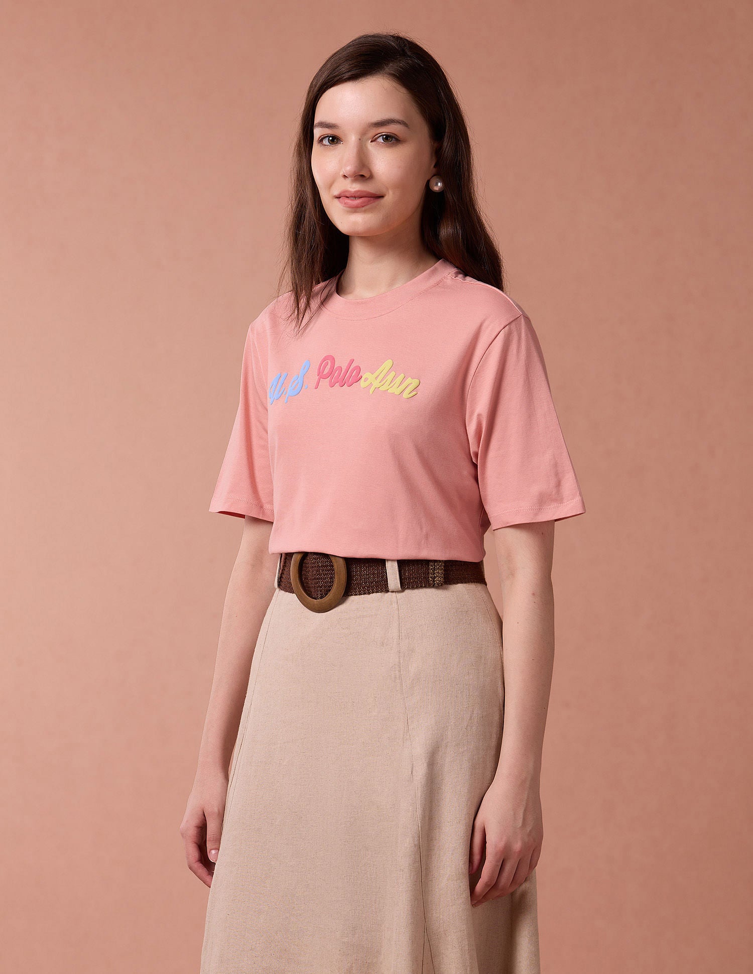 Brand Print Boyfriend T-Shirt Peach - U.S. POLO ASSN. | Large