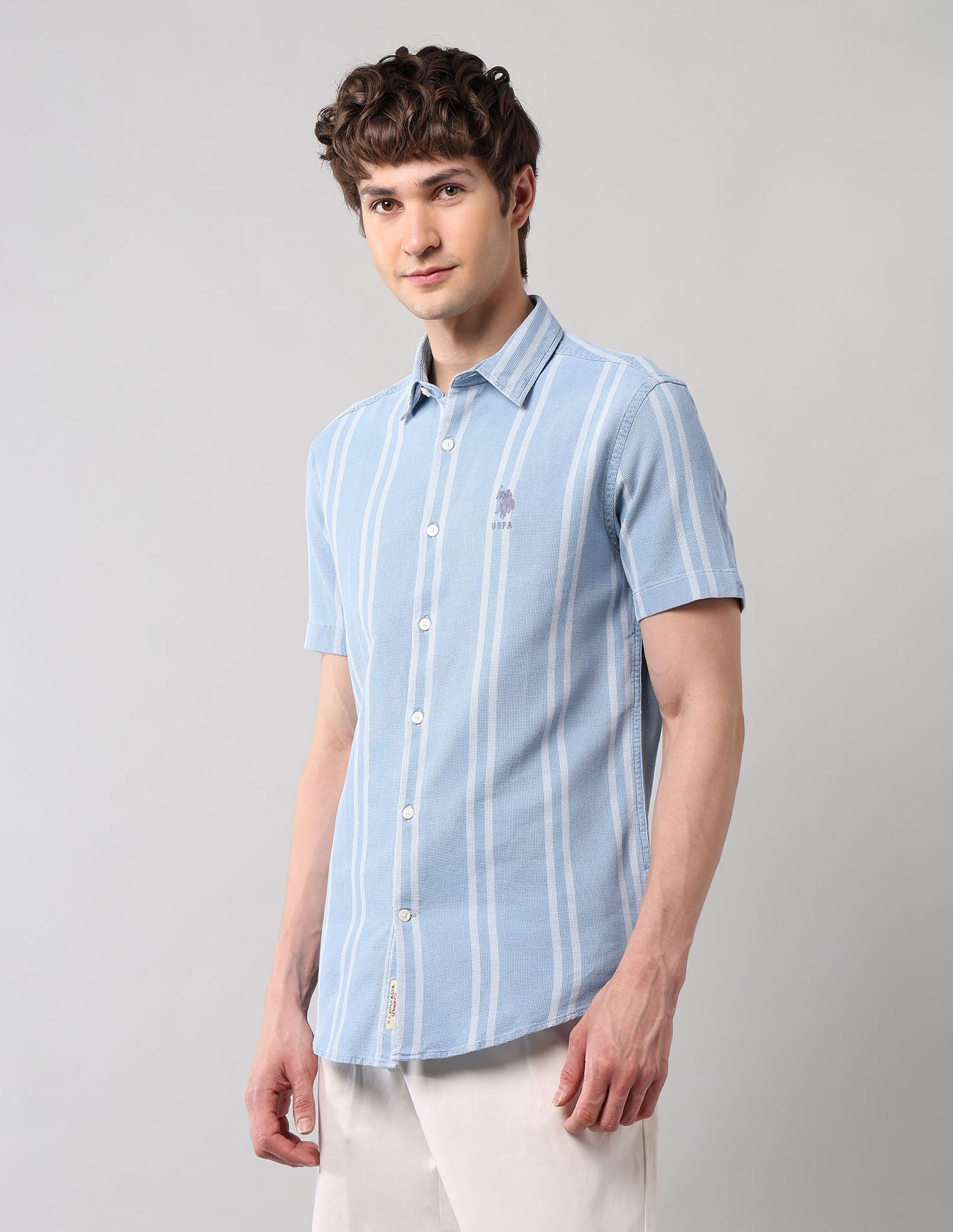 Vertical Striped Pure Cotton Shirt Light Indigo - U.S. Polo Assn. India | Large