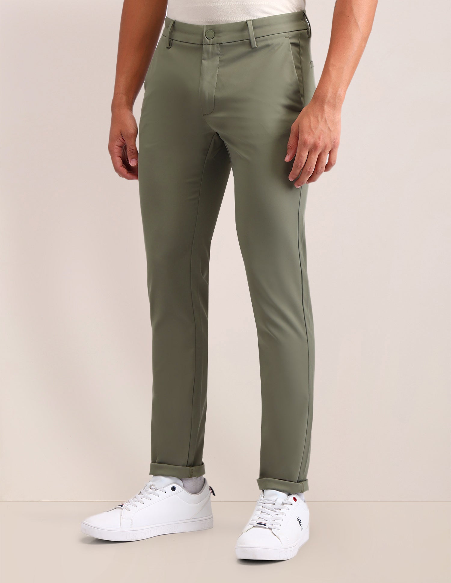 Austin Slim Fit Solid Trousers Light Olive - U.S. Polo Assn. India | Large