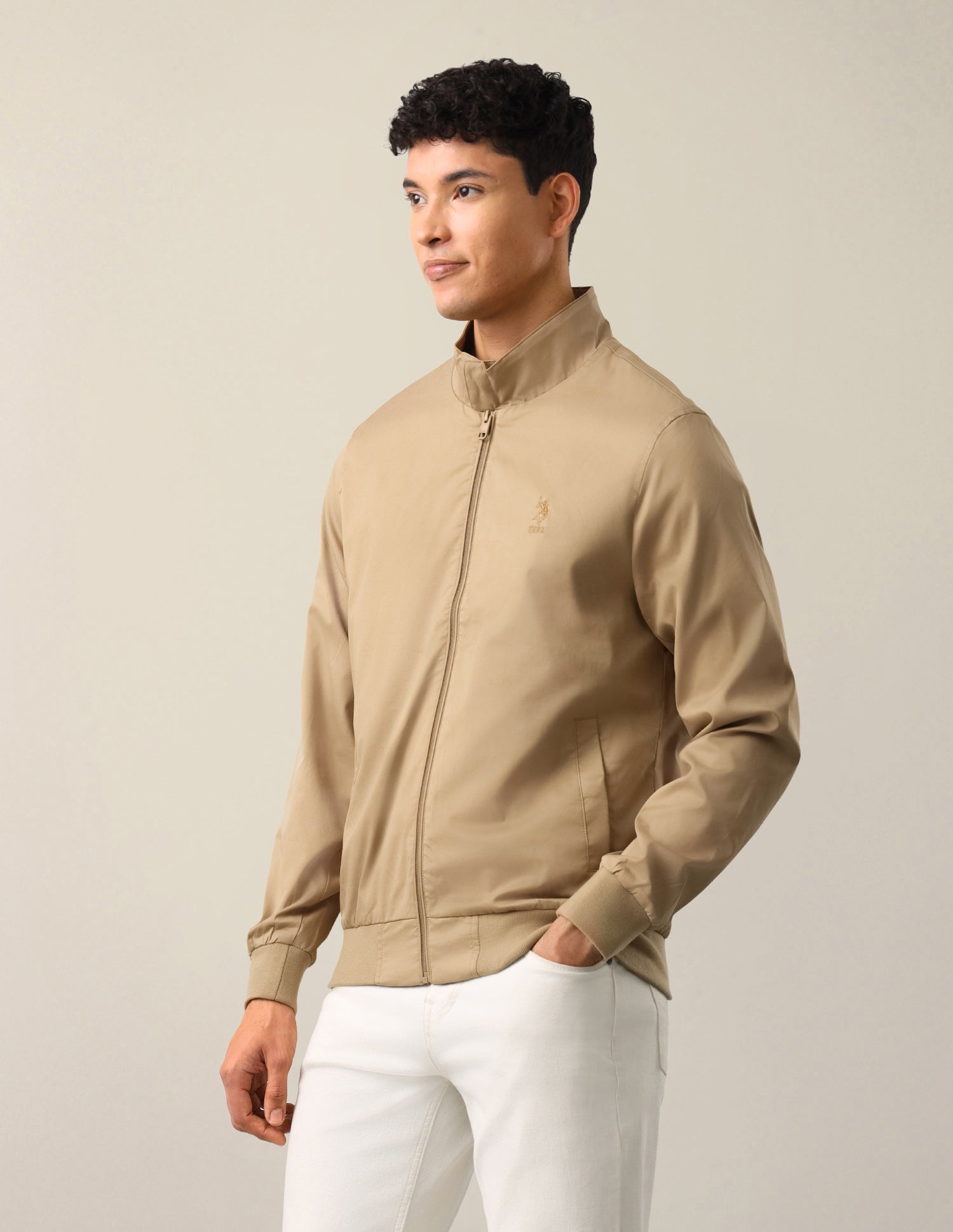 Solid Regular Fit Bomber Jacket Khaki - U.S. Polo Assn. India | Large