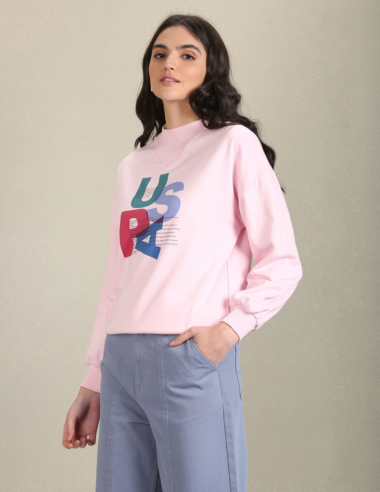 Mock Neck Brand Print Sweatshirt Pink - U.S. POLO ASSN. | Large