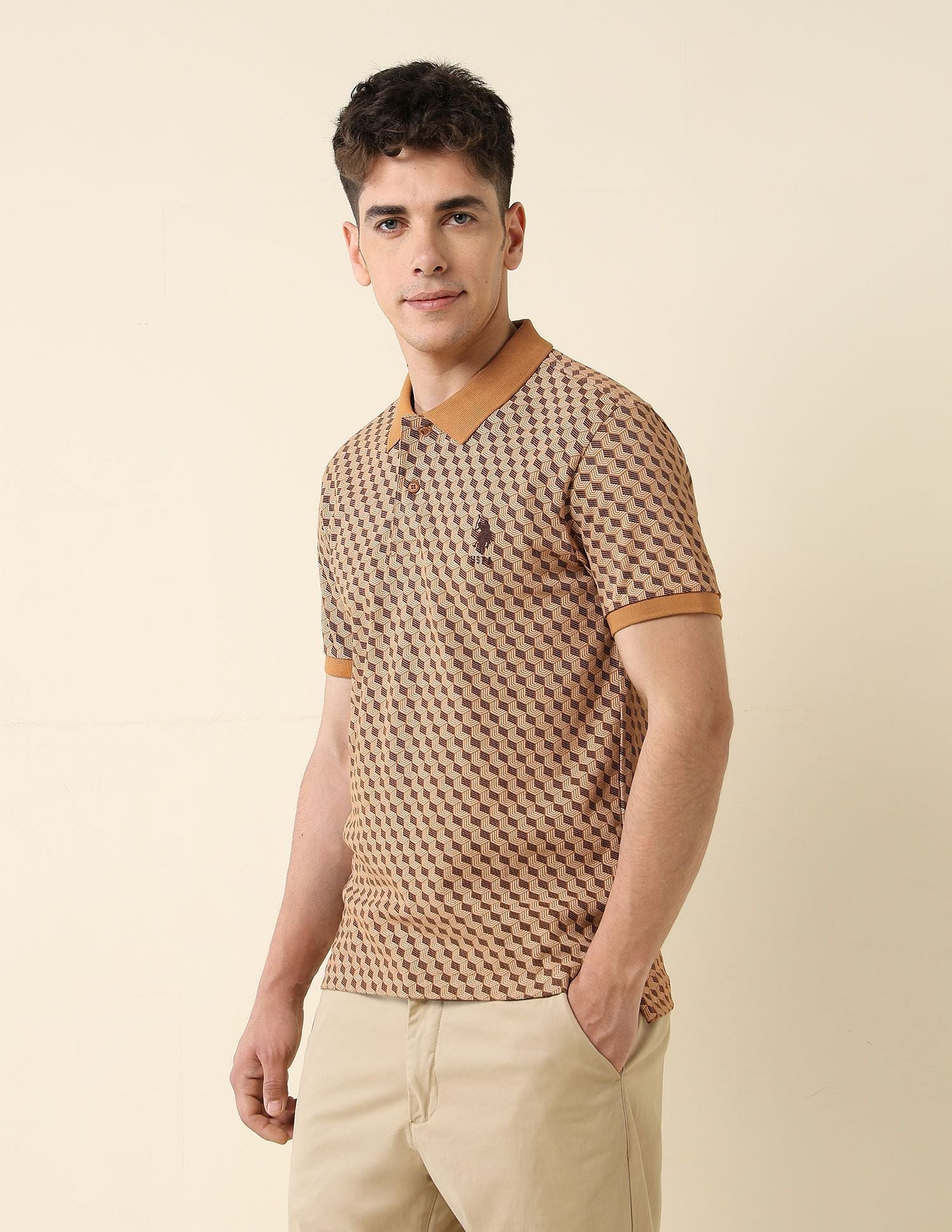 All-Over Printed Slim Fit Polo Shirt Brown - U.S. Polo Assn. India | Large