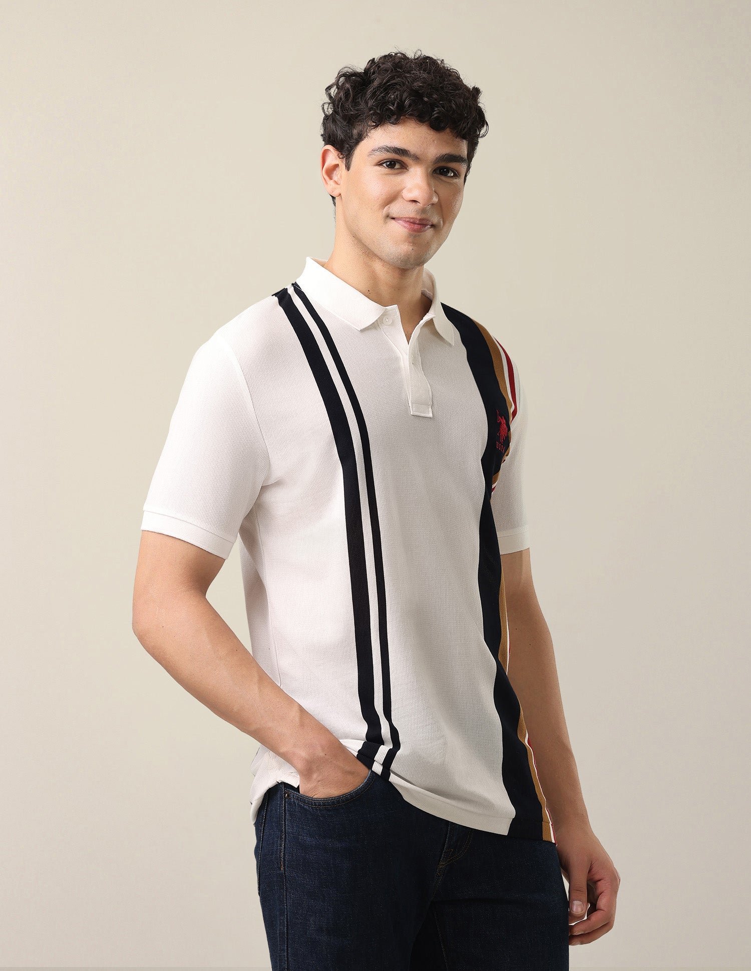 Vertical Striped Slim Fit Polo Shirt Off White - U.S. Polo Assn. India | Large