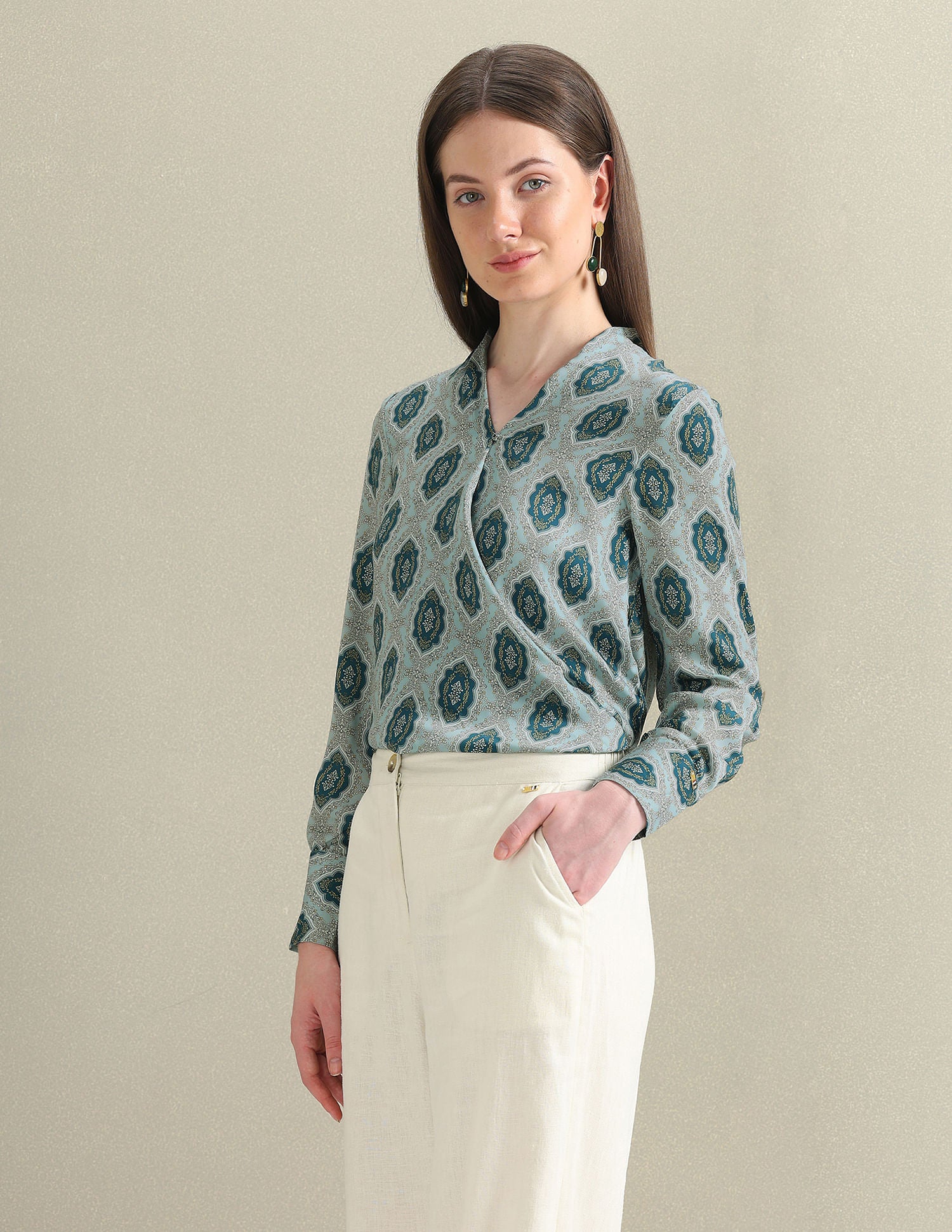 Motif Print Satin Wrap Top Blue - U.S. POLO ASSN. | Large