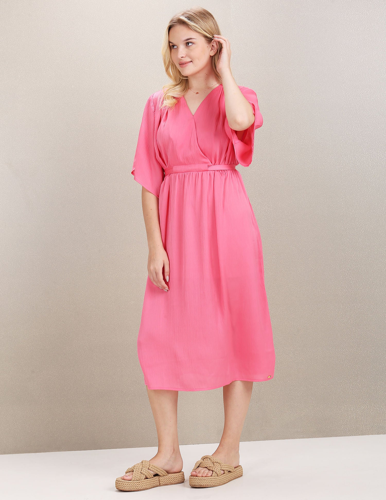 V-Neck Textured Midi Dress Pink - U.S. POLO ASSN. | Large