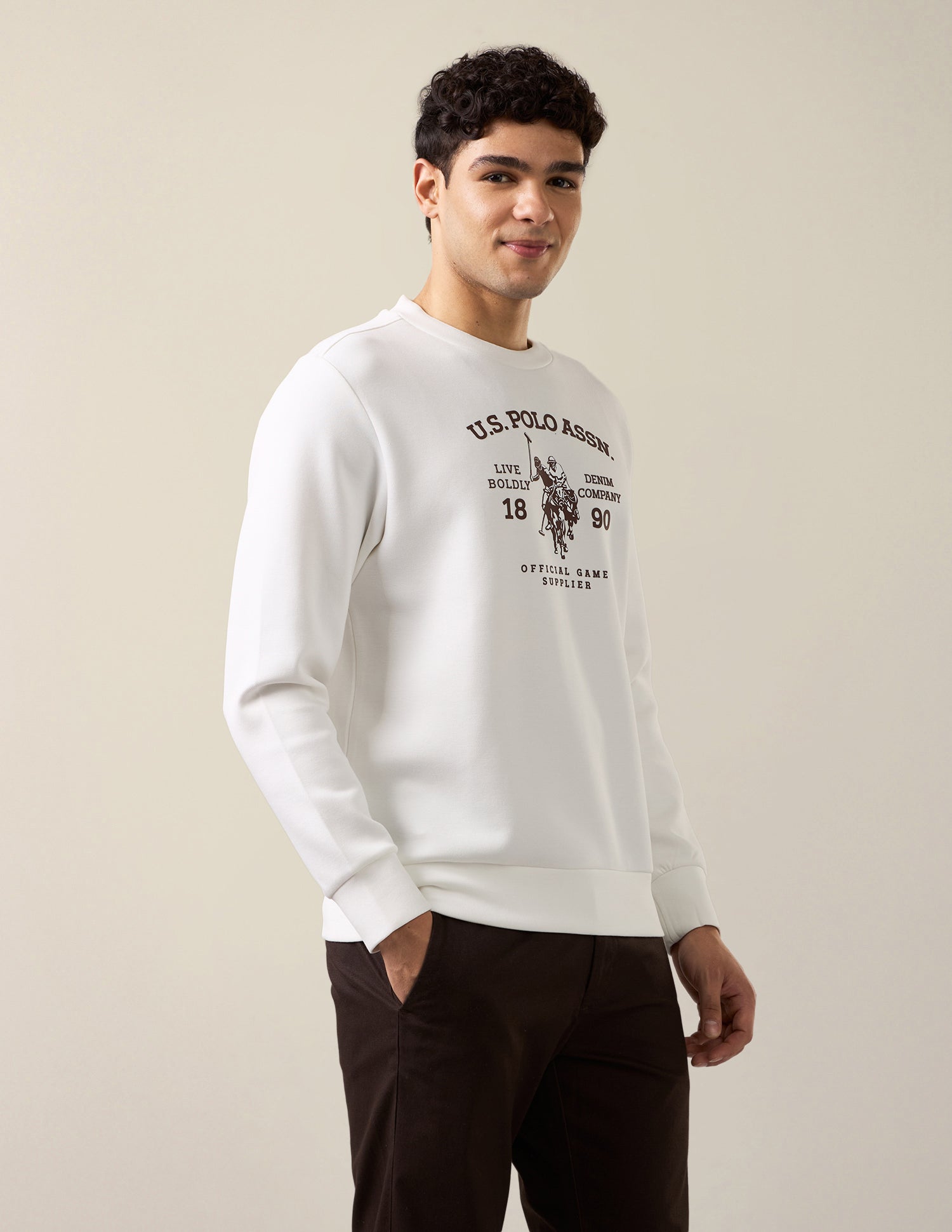 Brand Embossed Regular Fit Sweatshirt Ivory - U.S. Polo Assn. India | Large