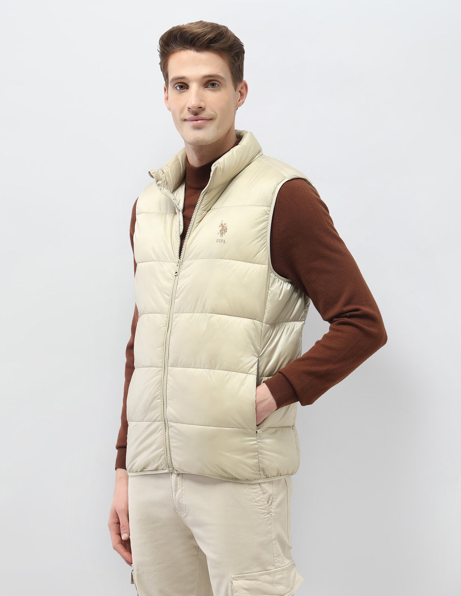Solid Regular Fit Puffer Sleeveless Jacket Ecru - U.S. Polo Assn. India | Large