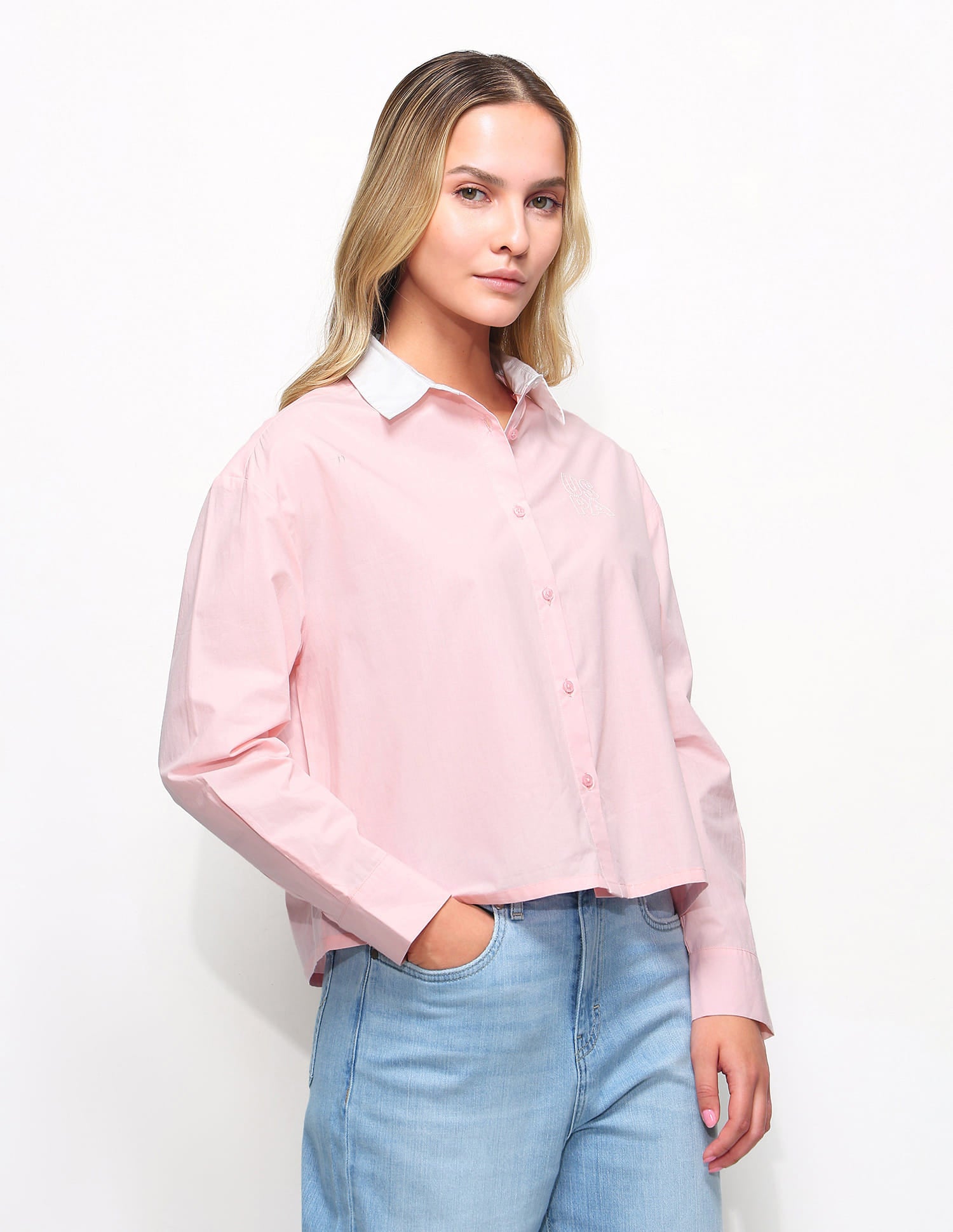 Contrast Collar Boxy Solid Shirt Pink - U.S. Polo Assn. India | Large