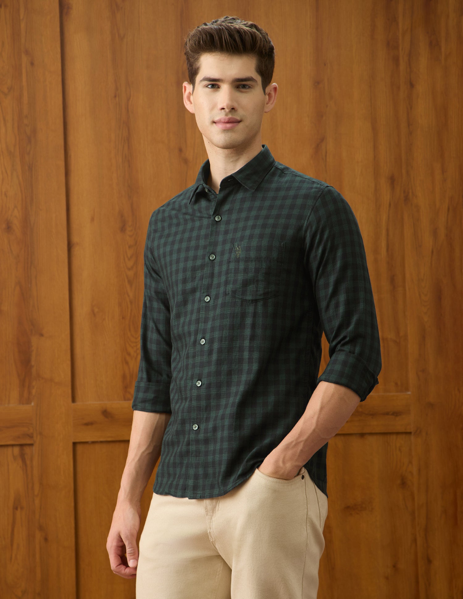 Twill Gingham Checked Shirt Olive - U.S. Polo Assn. India | Large