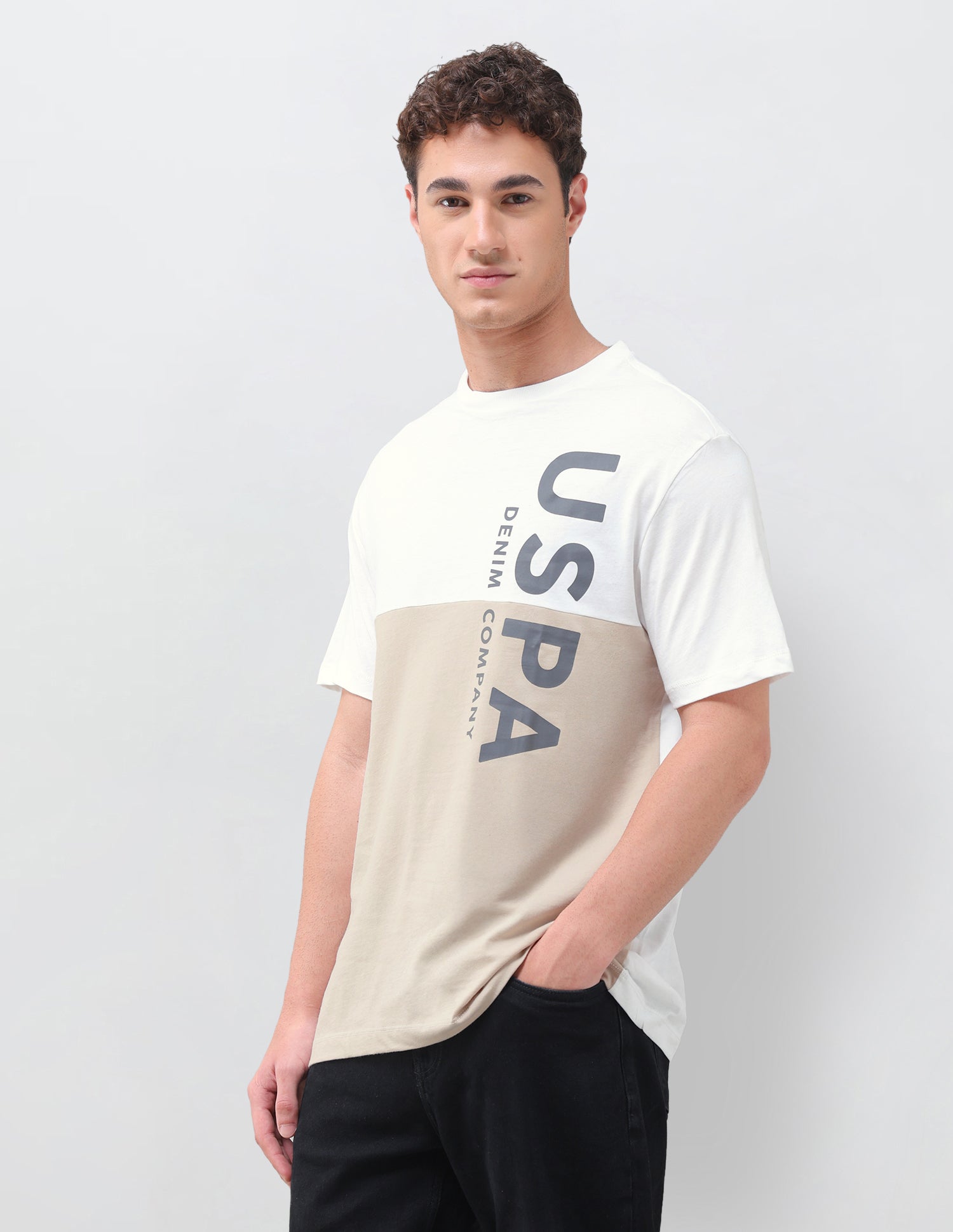 Colourblocked Brand Printed Regular Fit T-Shirt Ivory - U.S. Polo Assn. India | Large
