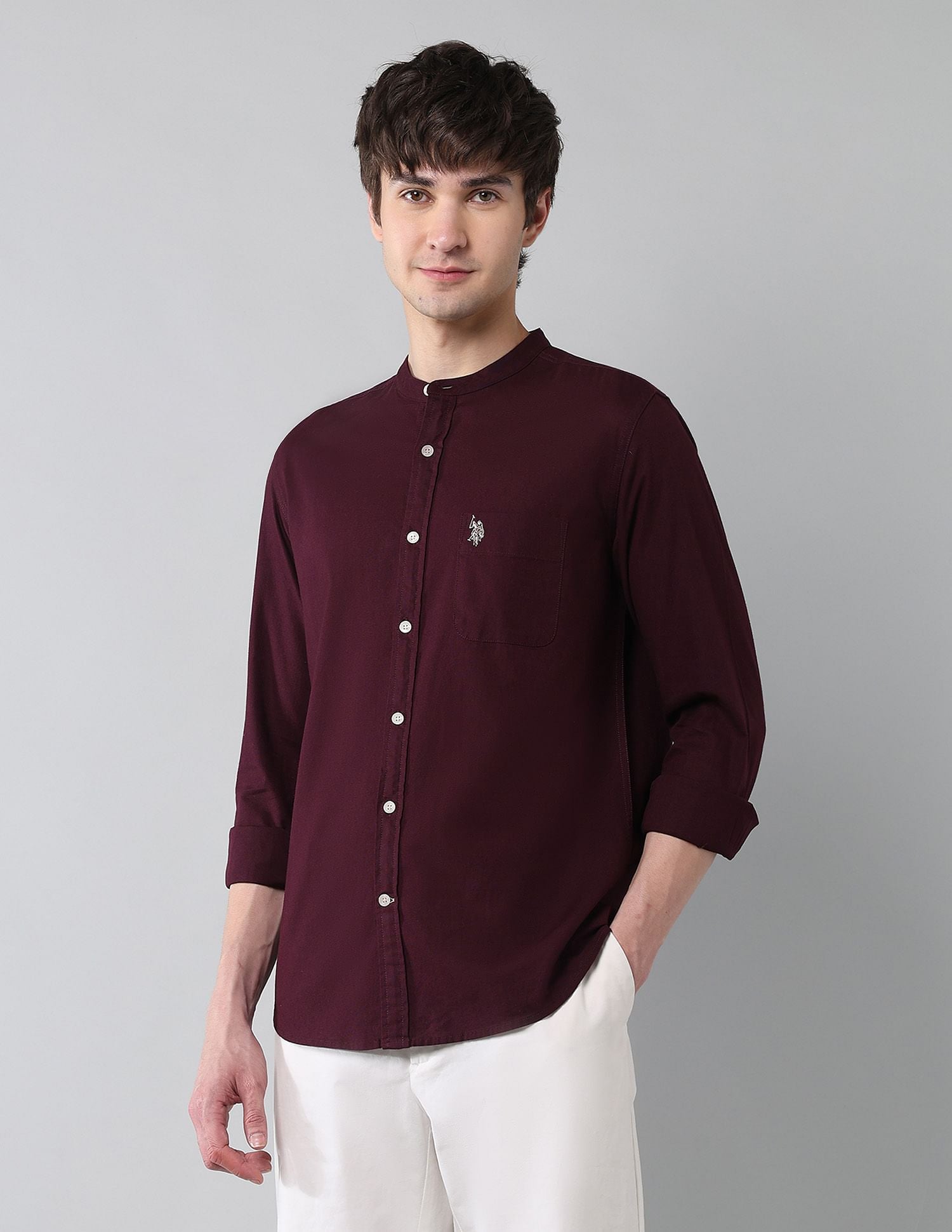 Solid Slub Mandarin Collar Shirt Wine - U.S. Polo Assn. India | Large