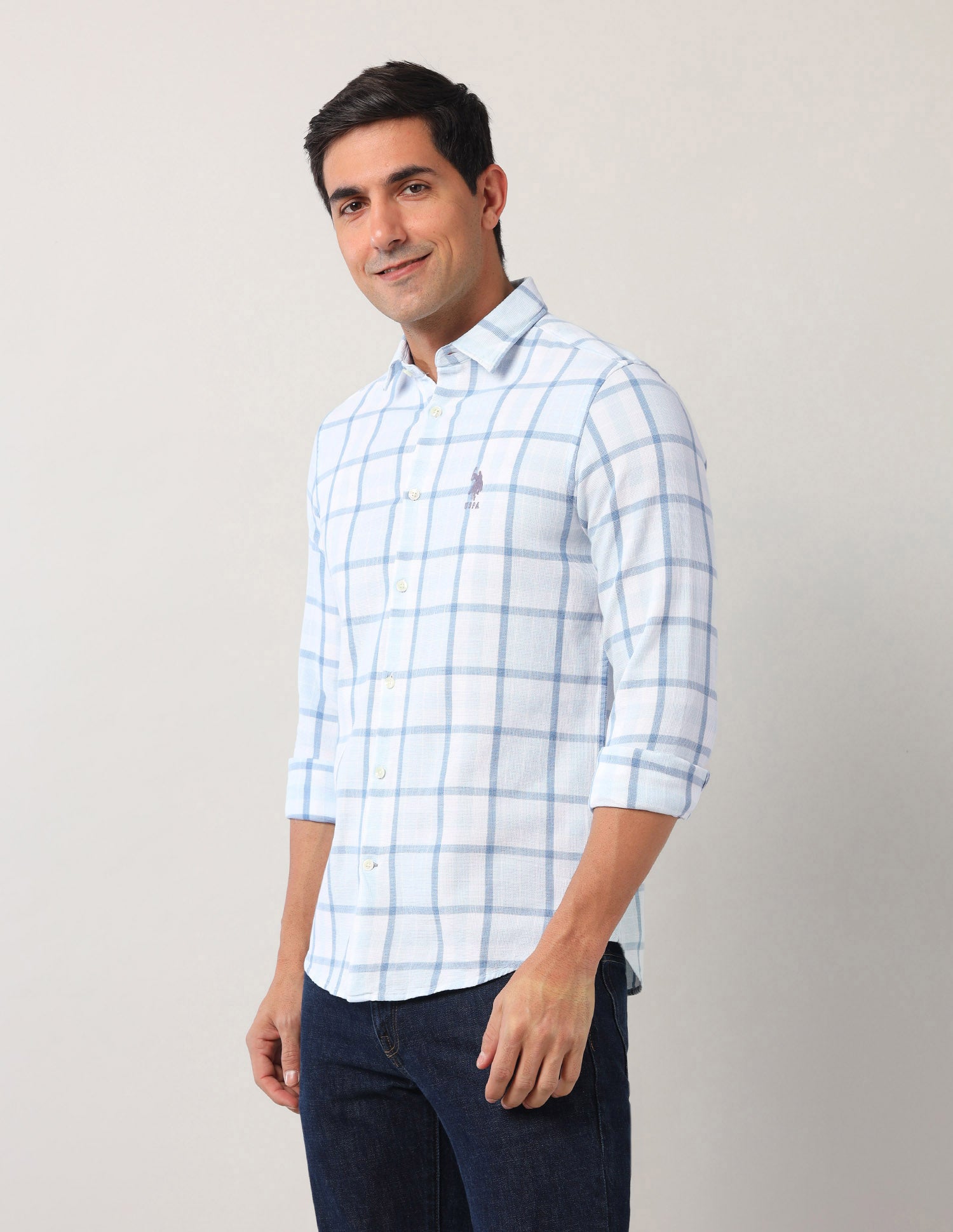Windowpane Checked Regular Fit Shirt Light Indigo - U.S. Polo Assn. India | Large