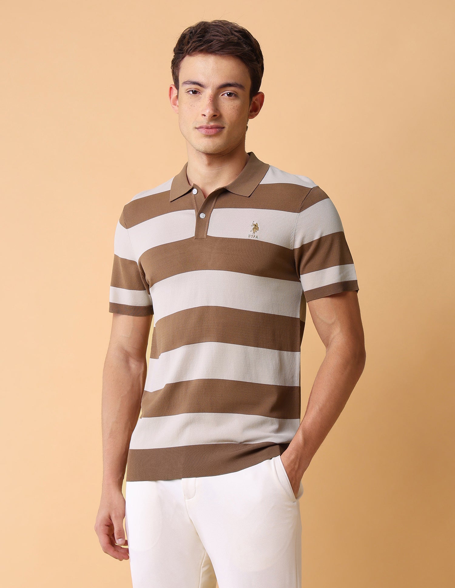 Horizontal Striped Slim Fit Polo Shirt Beige - U.S. Polo Assn. India | Large