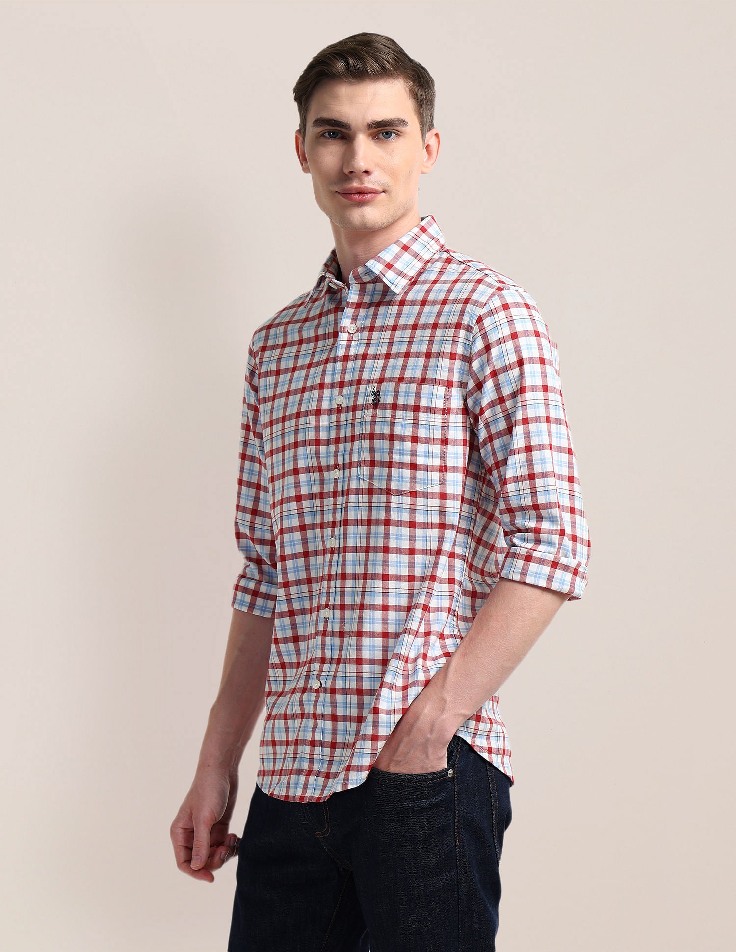 Cutaway Collar Premium Cotton Shirt Red - U.S. Polo Assn. India | Large