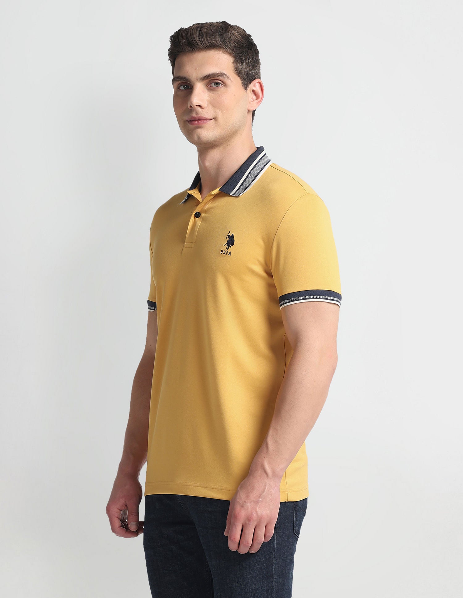 Striped Collar Muscle Fit Polo Shirt Mustard - U.S. Polo Assn. India | Large