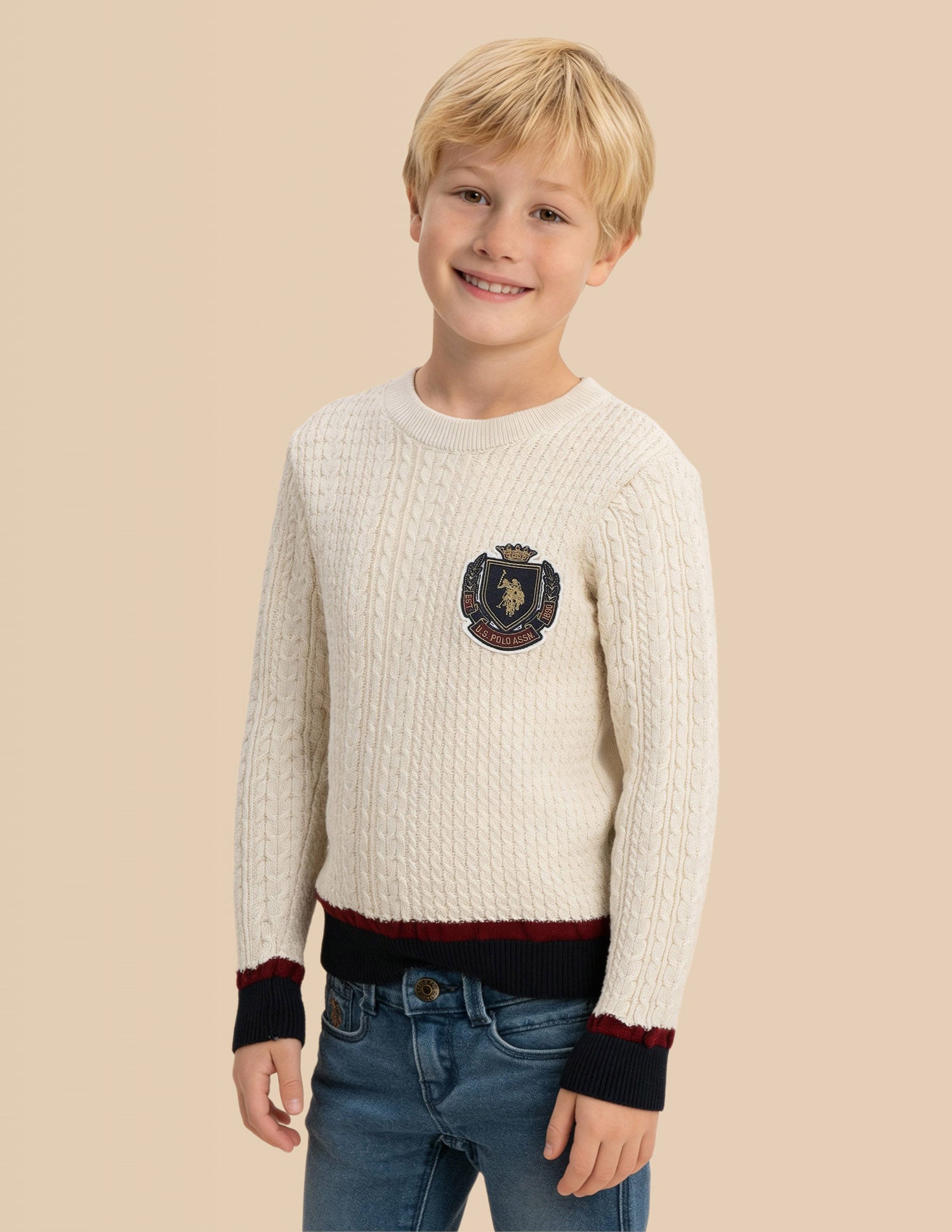 Boys Cable Knit Regular Fit Sweater Off White - U.S. Polo Assn. India | Large