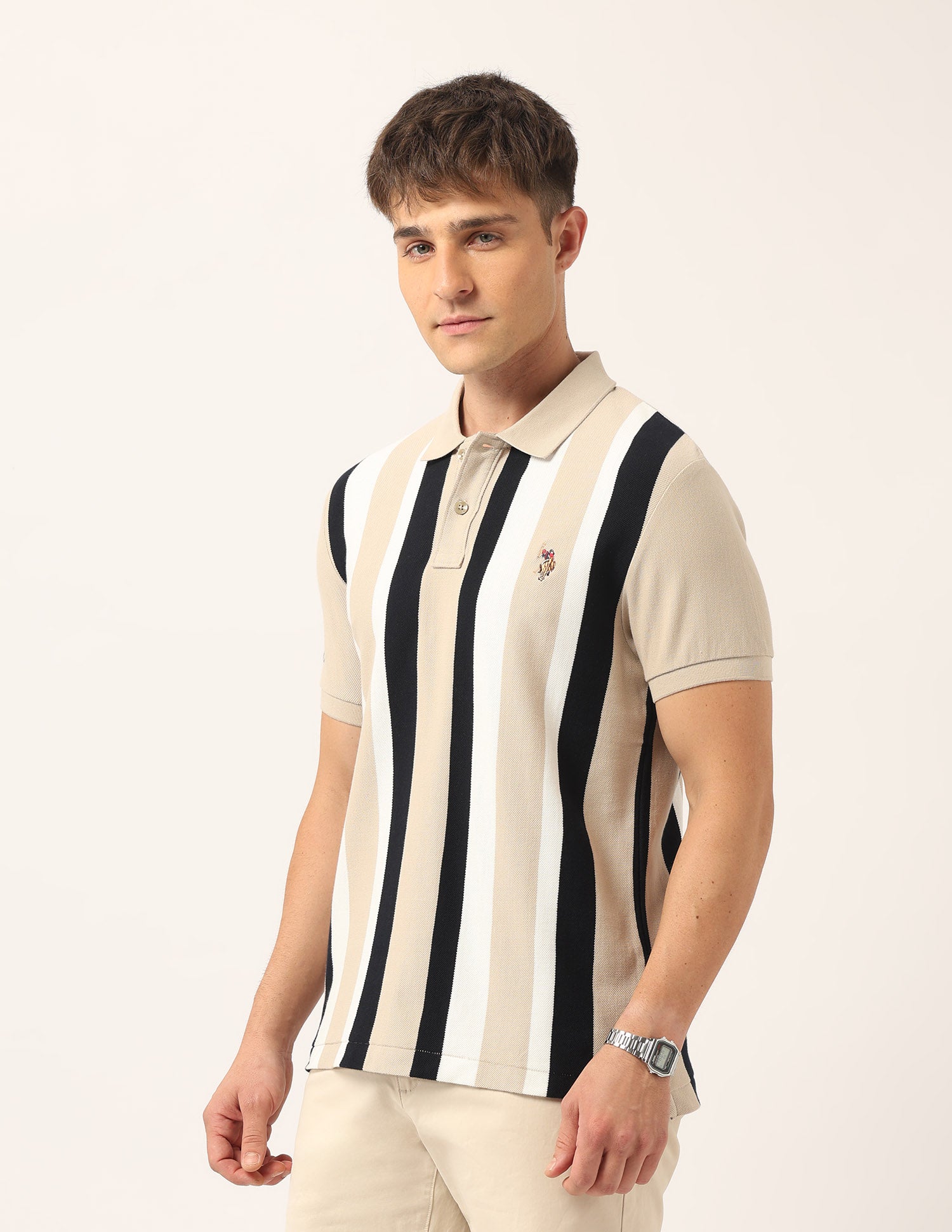 Vertical Striped Muscle Fit Polo Shirt Beige - U.S. Polo Assn. India | Large