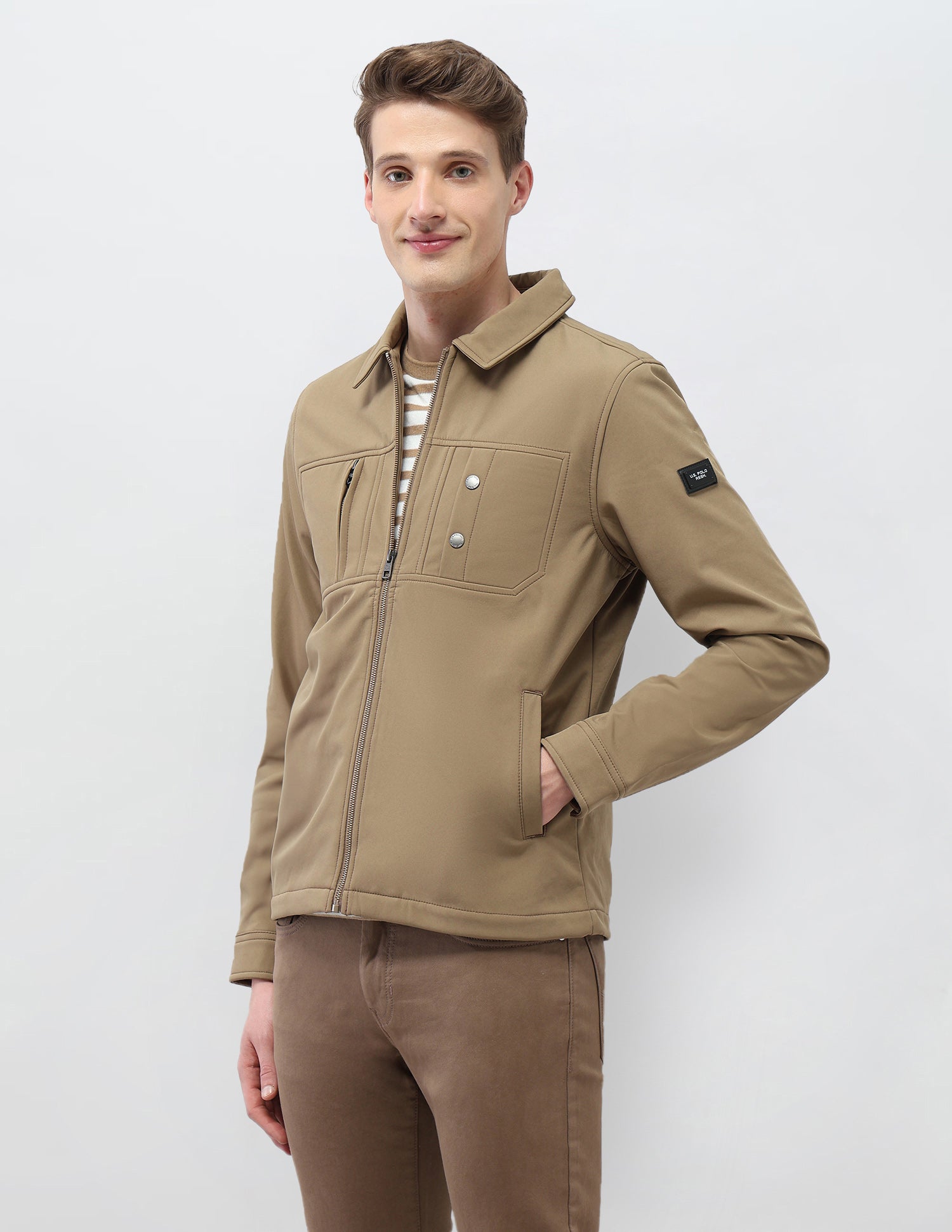 Solid Regular Fit Jacket Light Brown - U.S. Polo Assn. India | Large