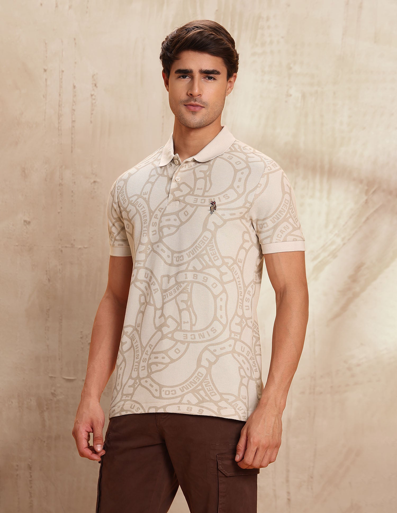 Pure Cotton All-Over Printed Polo Shirt Beige - U.S. POLO ASSN. | Large