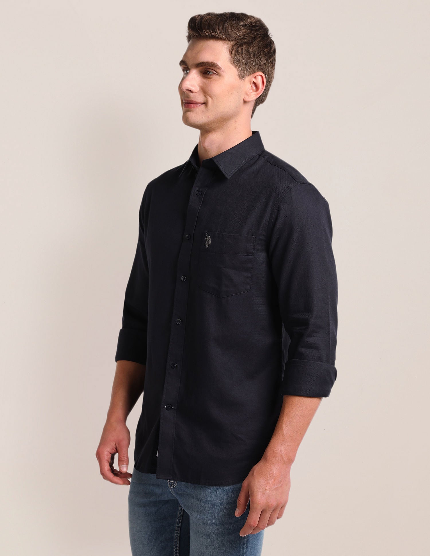 Tailored Regular Fit Solid Shirt Navy - U.S. Polo Assn. India | Large