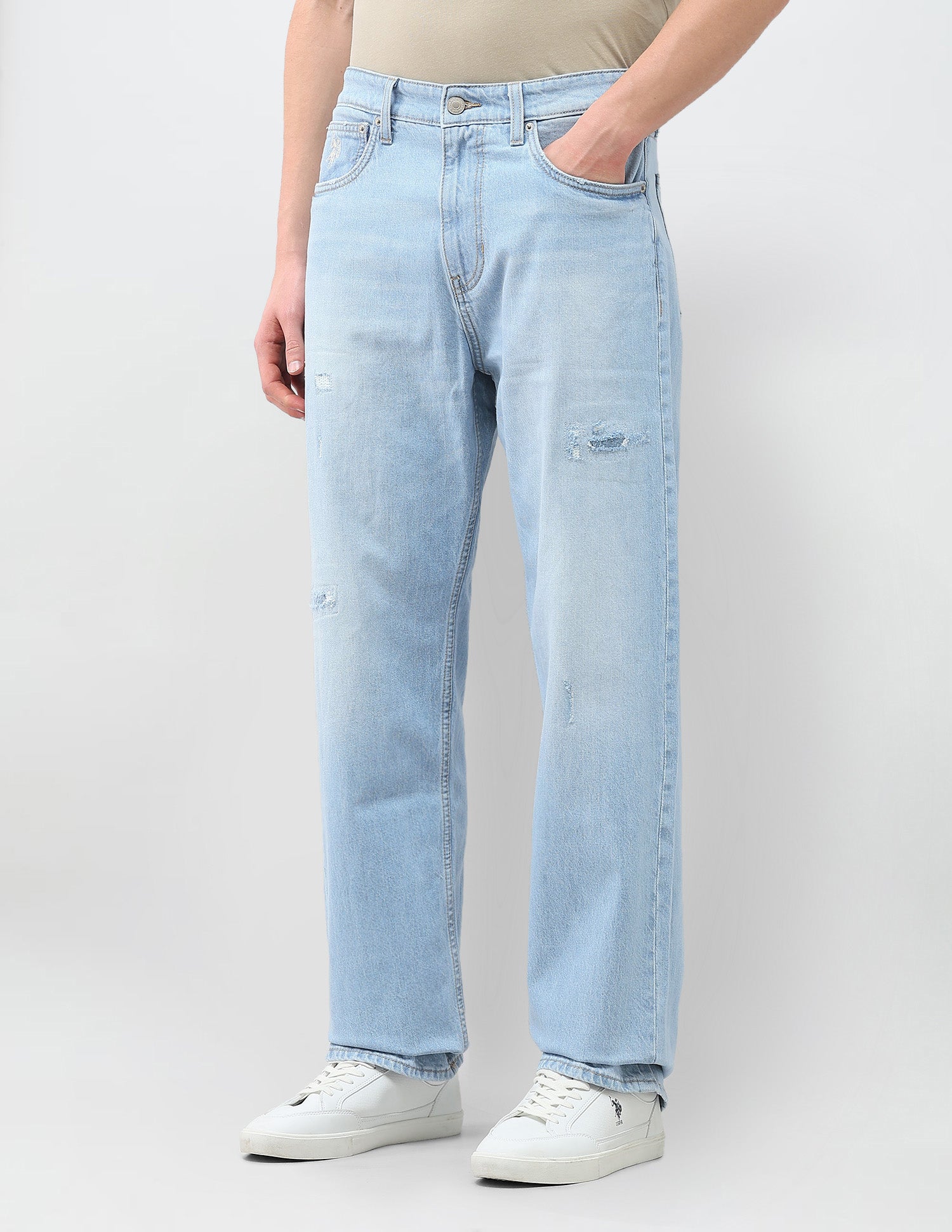 Logan Loose Straight Fit Blue Distressed Jeans Light Blue - U.S. Polo Assn. India | Large