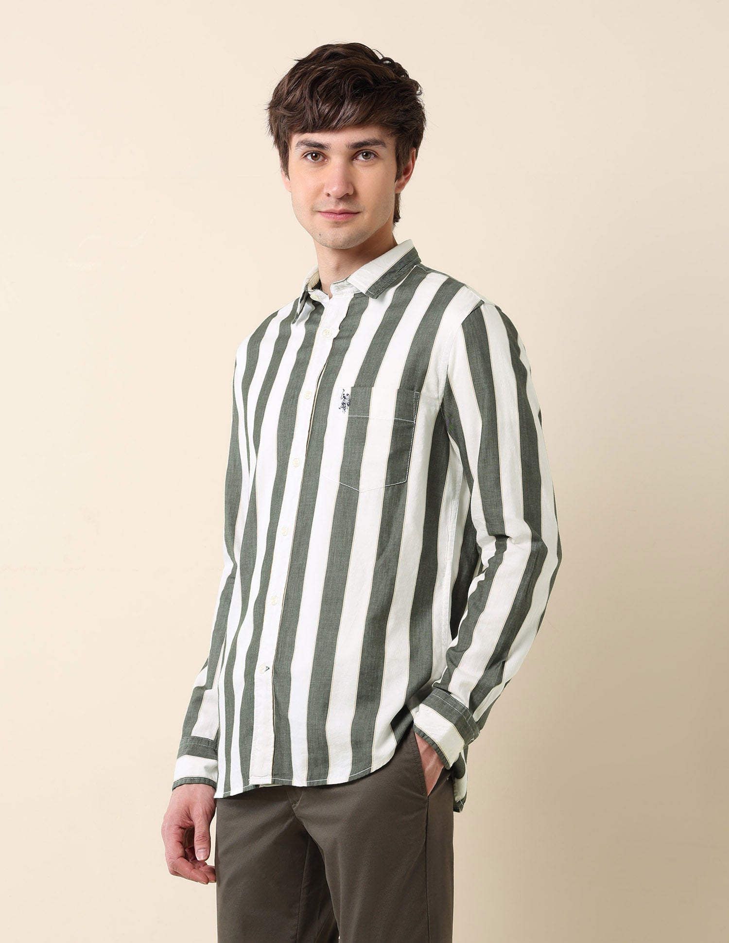 Vertical Striped Pure Cotton Shirt Green - U.S. Polo Assn. India | Large