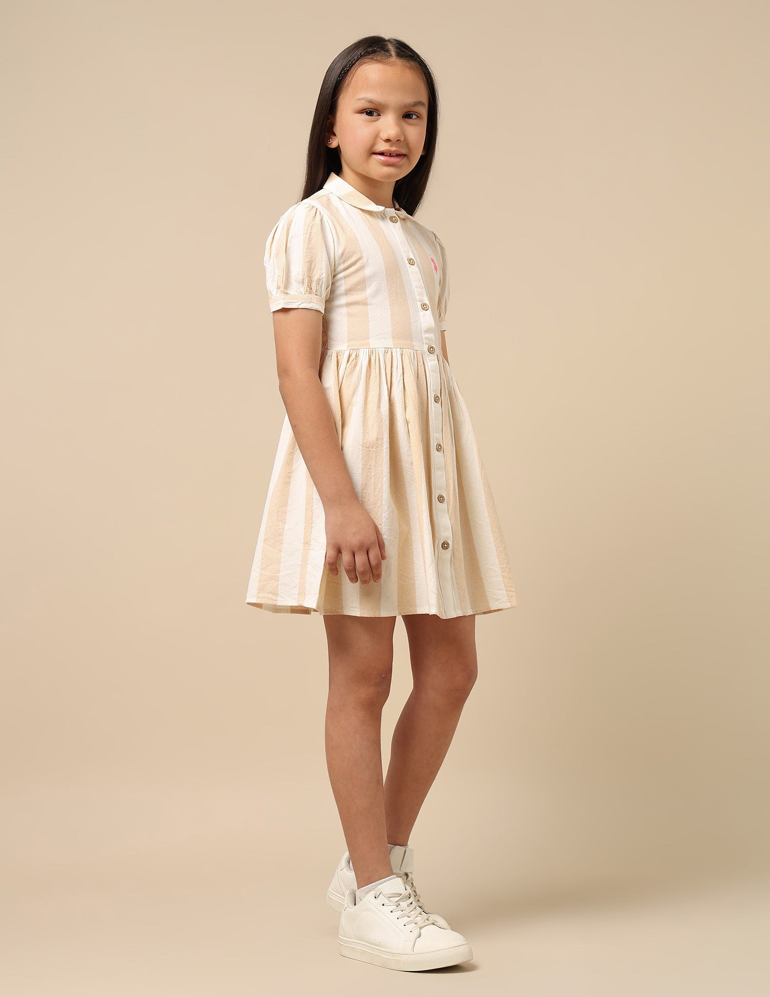 Girls Peter Pan Collar Shirt Dress Beige and Off White - U.S. Polo Assn. India | Large
