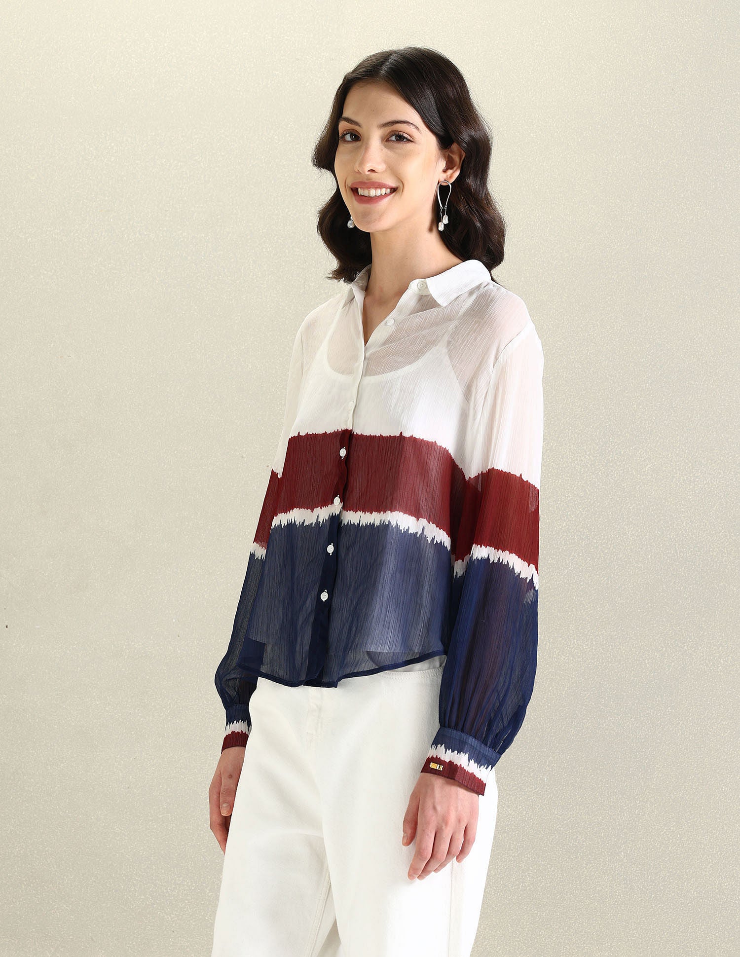 Colour Blocked Chiffon Shirt White, Red, and Navy - U.S. POLO ASSN. | Large