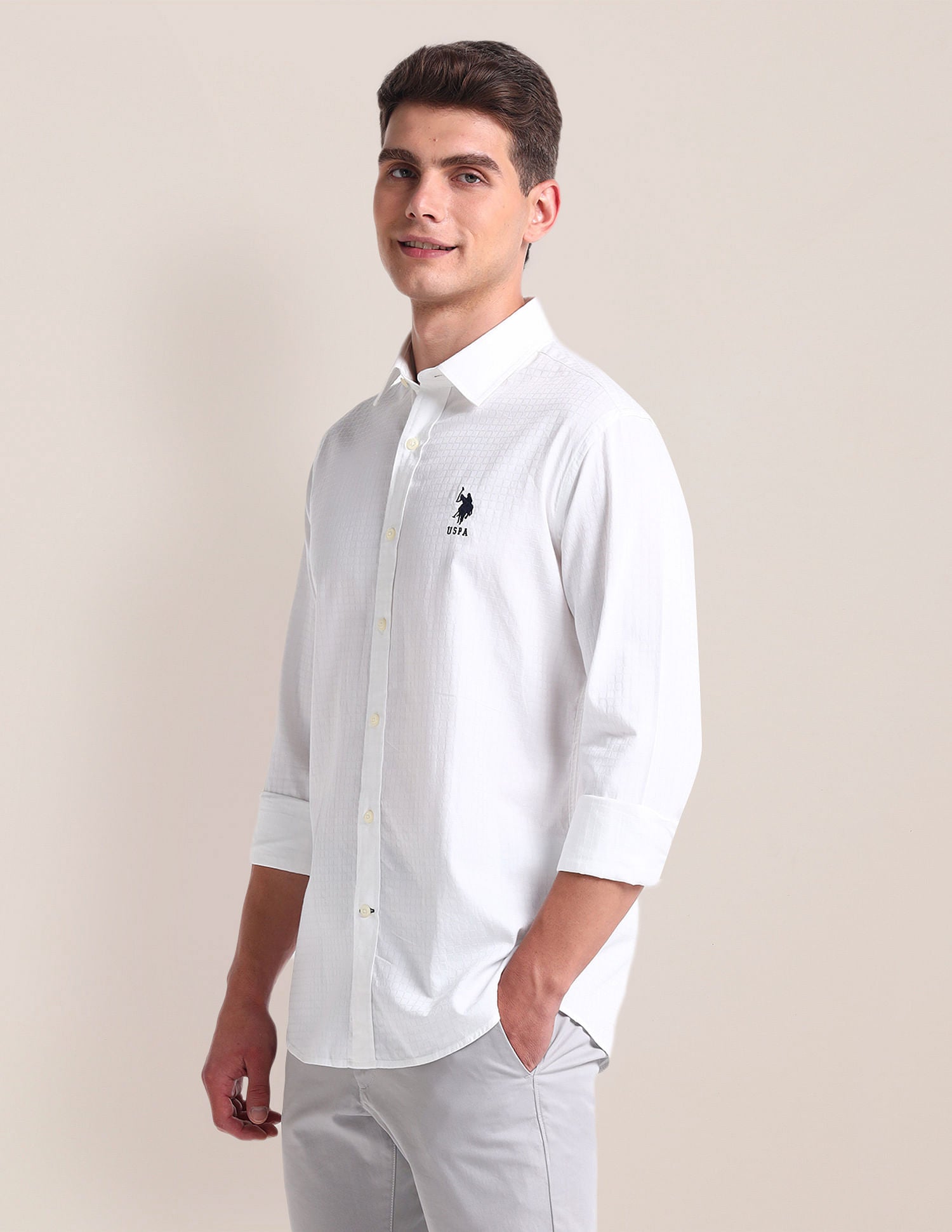 Semi Cutaway Collar Cotton Shirt White - U.S. POLO ASSN. | Large