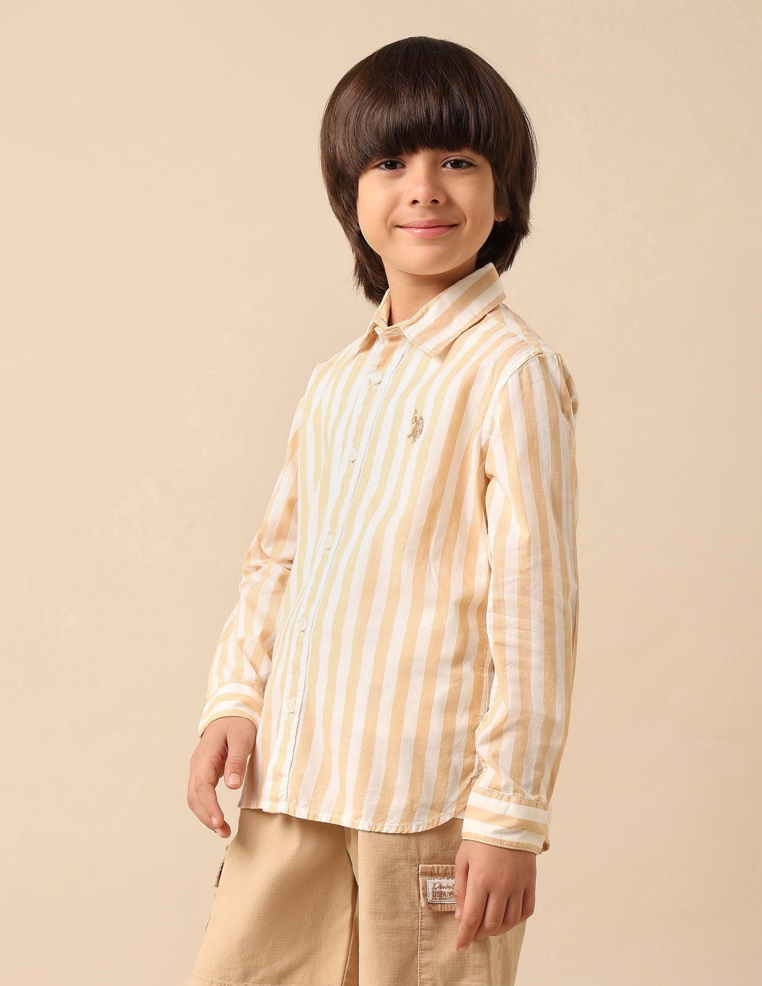 Boys Vertical Striped Regular Fit Shirt Beige - U.S. POLO ASSN. | Large