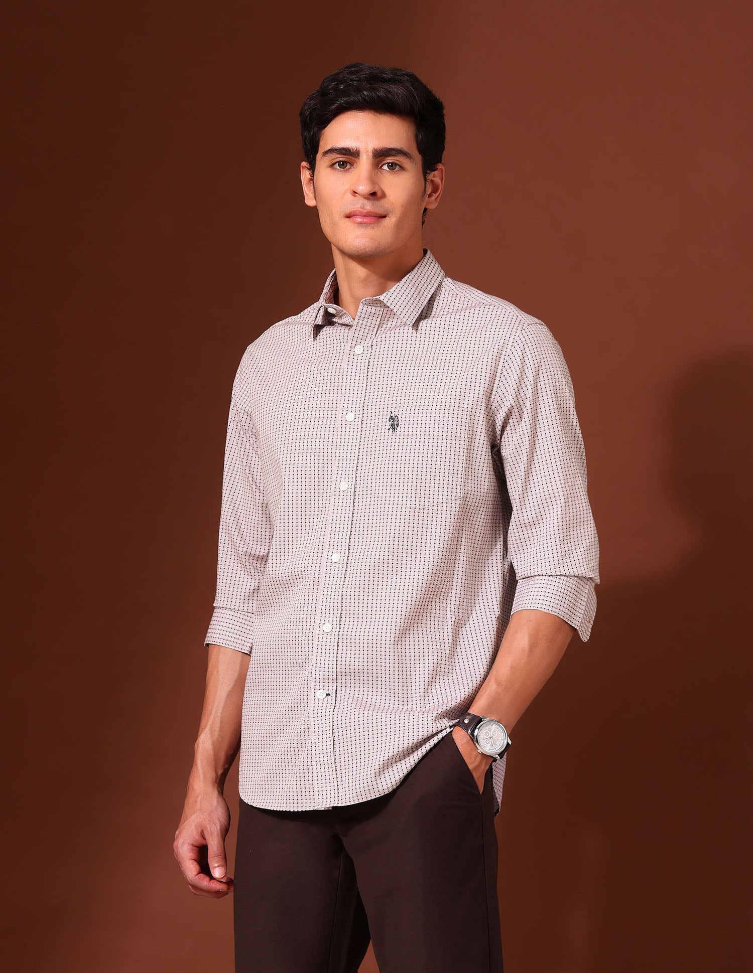 Geometric Printed Tailored Fit Shirt Beige - U.S. Polo Assn. India | Large