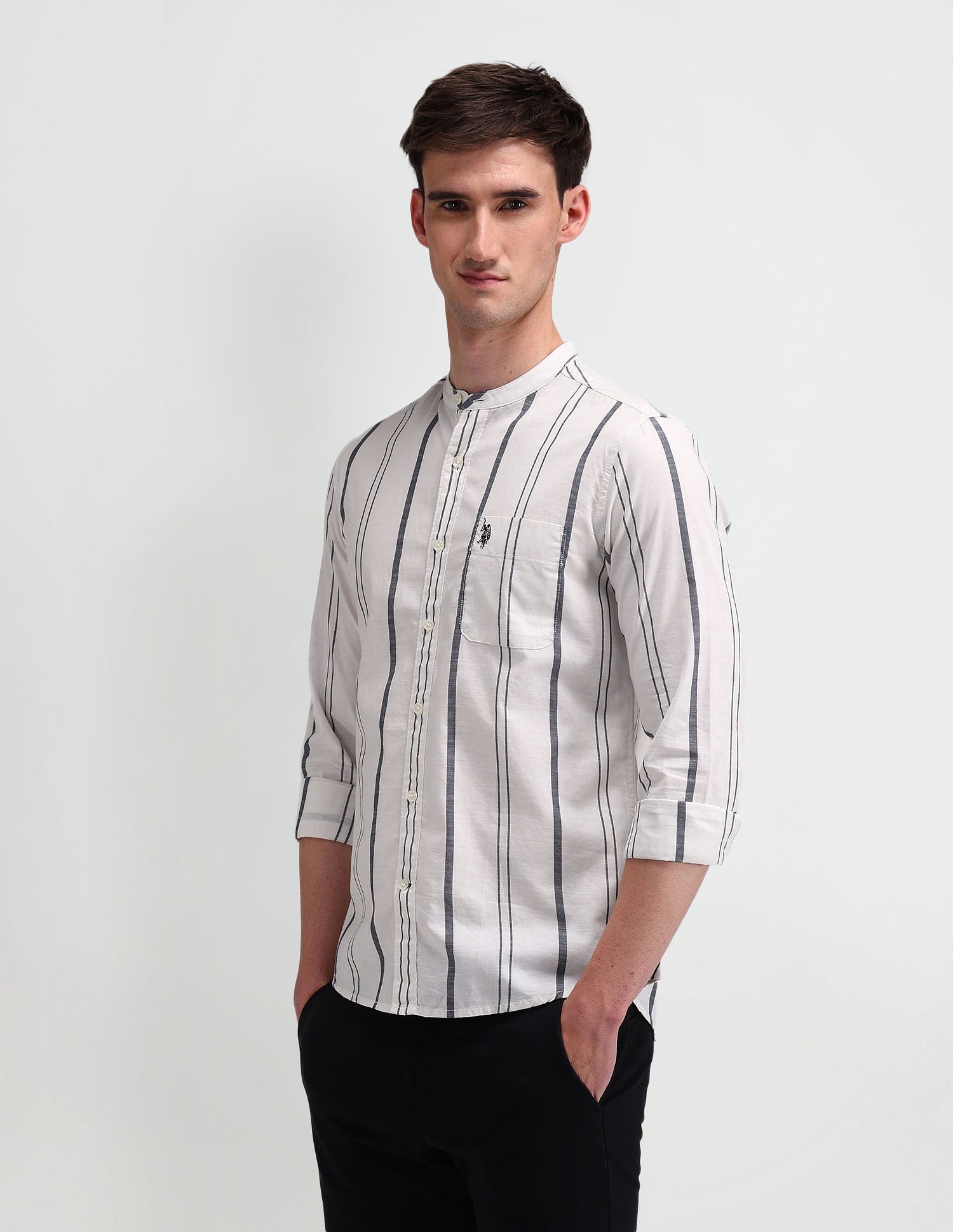 Slim Fit Vertical Striped Shirt Light-Grey - U.S. Polo Assn. India | Large