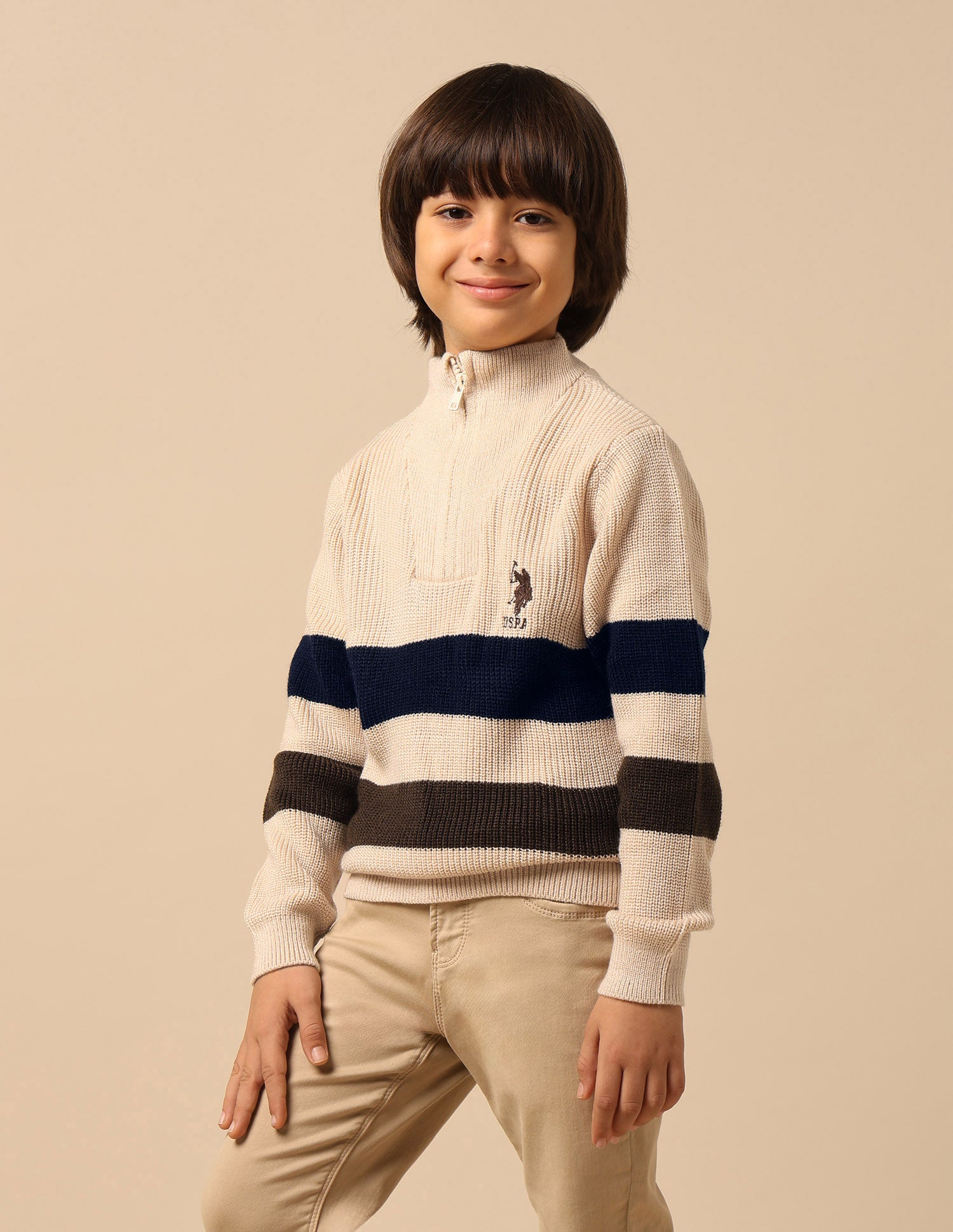 Boys Horizontal Striped Regular Fit Sweater Off White - U.S. Polo Assn. India | Large