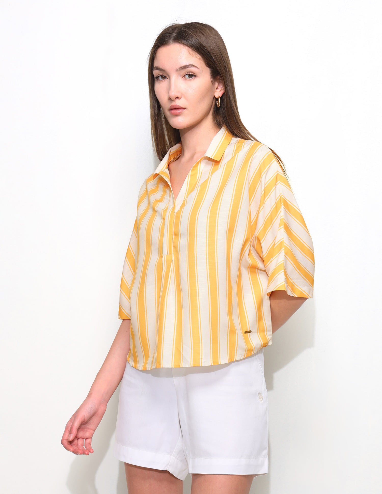 Vertical Striped Elbow Sleeve Top Yellow - U.S. Polo Assn. India | Large