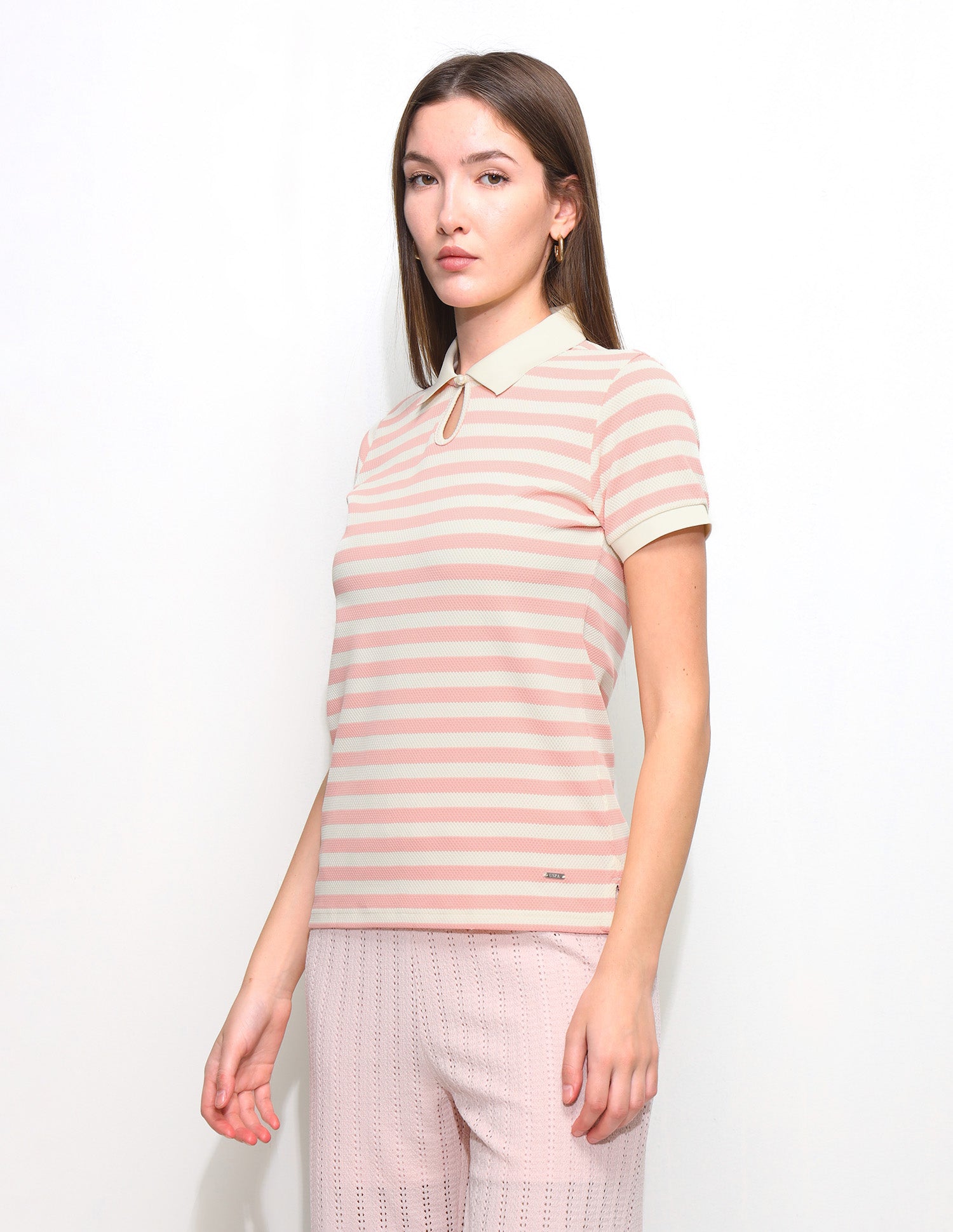 Horizontal Striped Key Hole Polo Shirt Pink - U.S. Polo Assn. India | Large