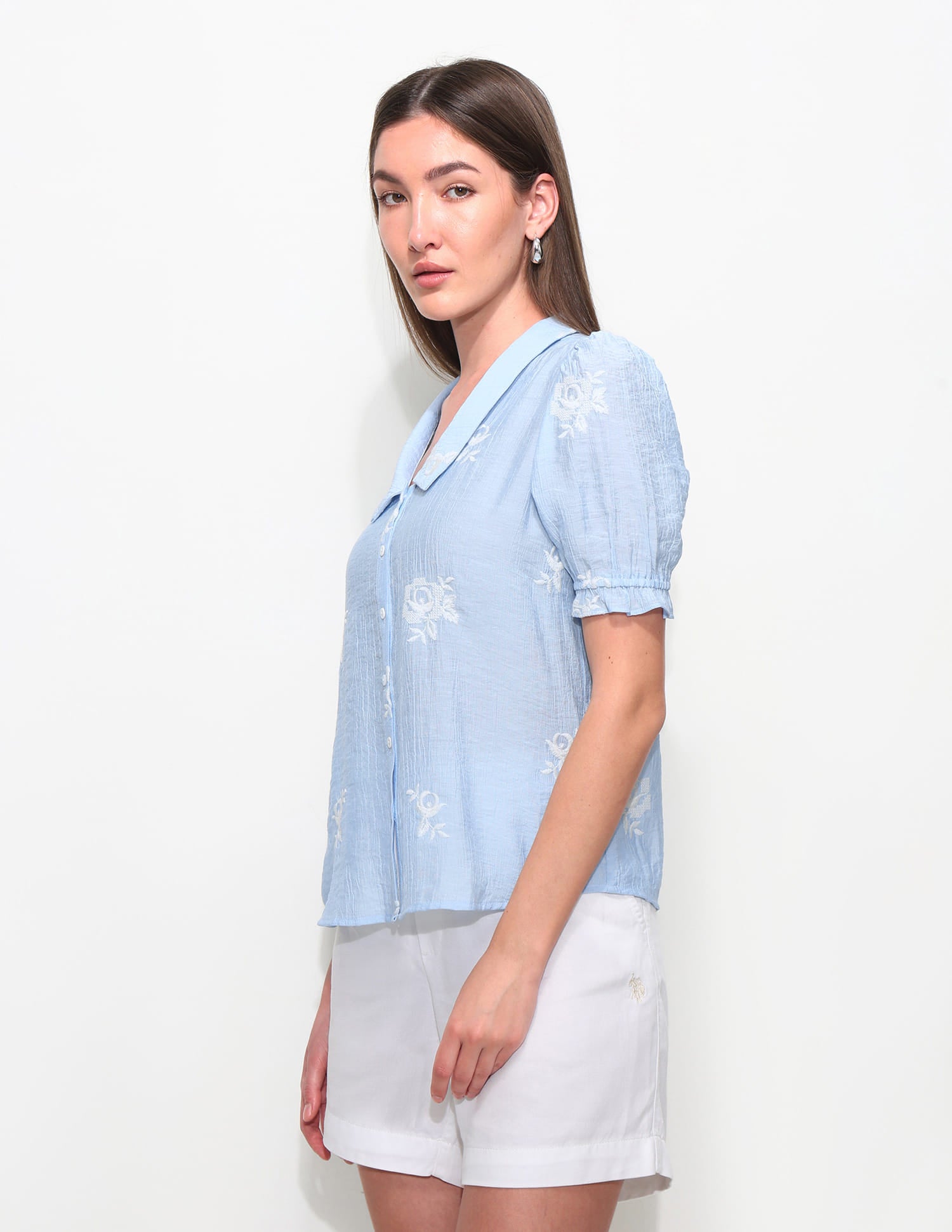 Flat Collar Floral Embroidered Top Blue - U.S. Polo Assn. India | Large
