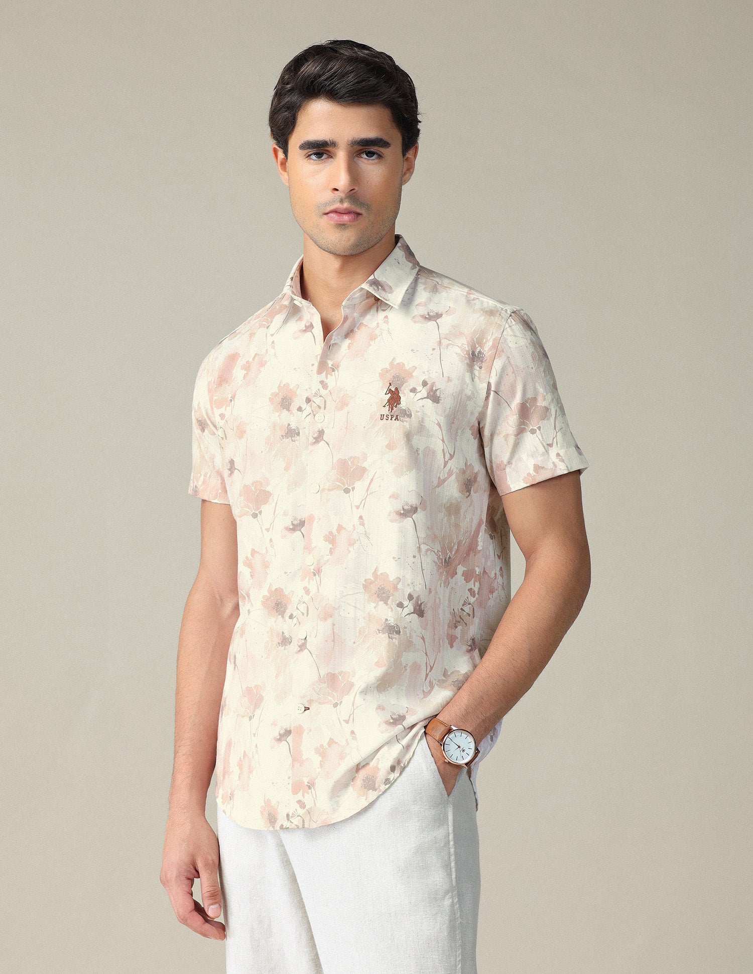 Floral Printed Pure Cotton Shirt Beige - U.S. POLO ASSN. | Large