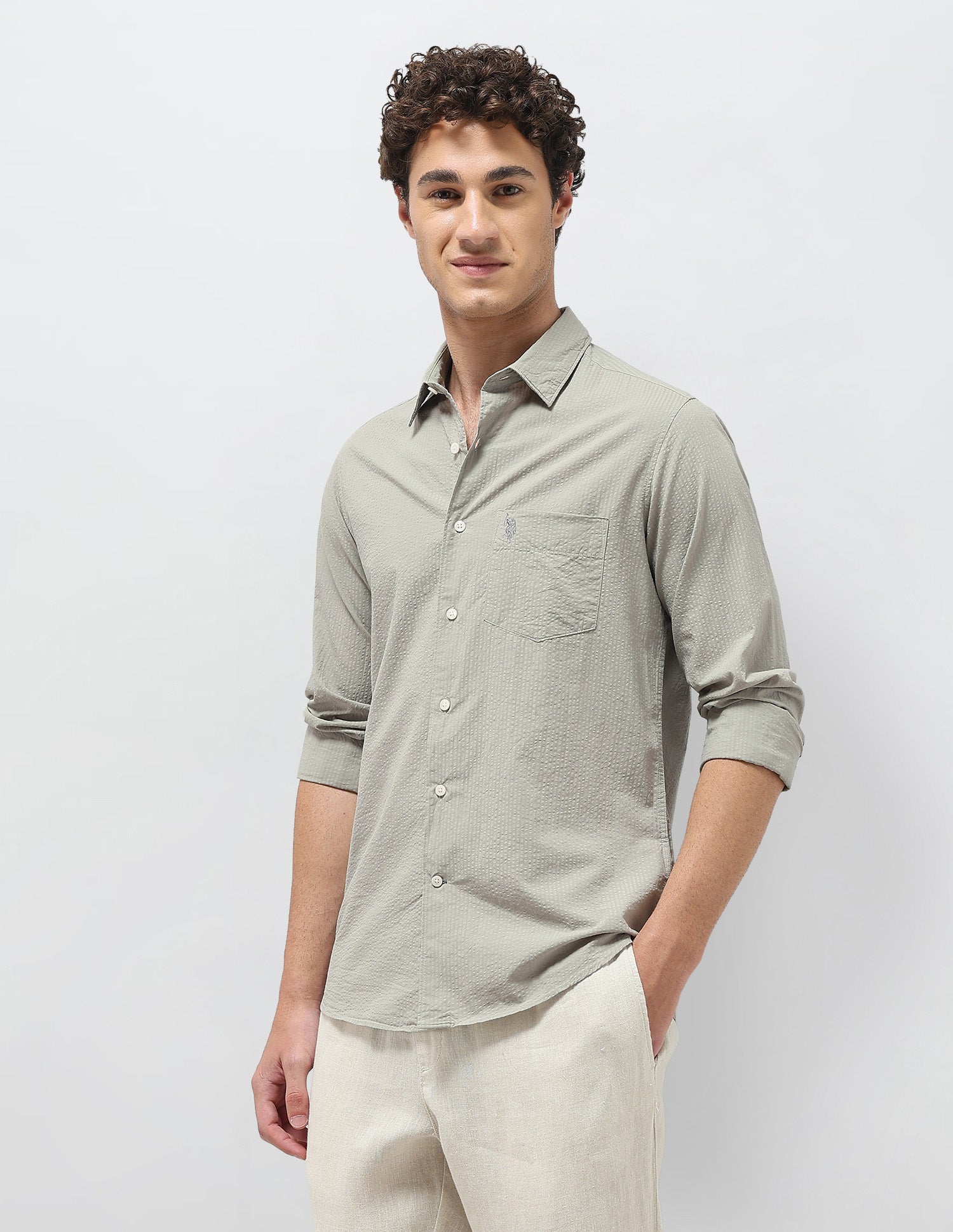 Regular Fit Seersucker Shirt Light Olive - U.S. Polo Assn. India | Large