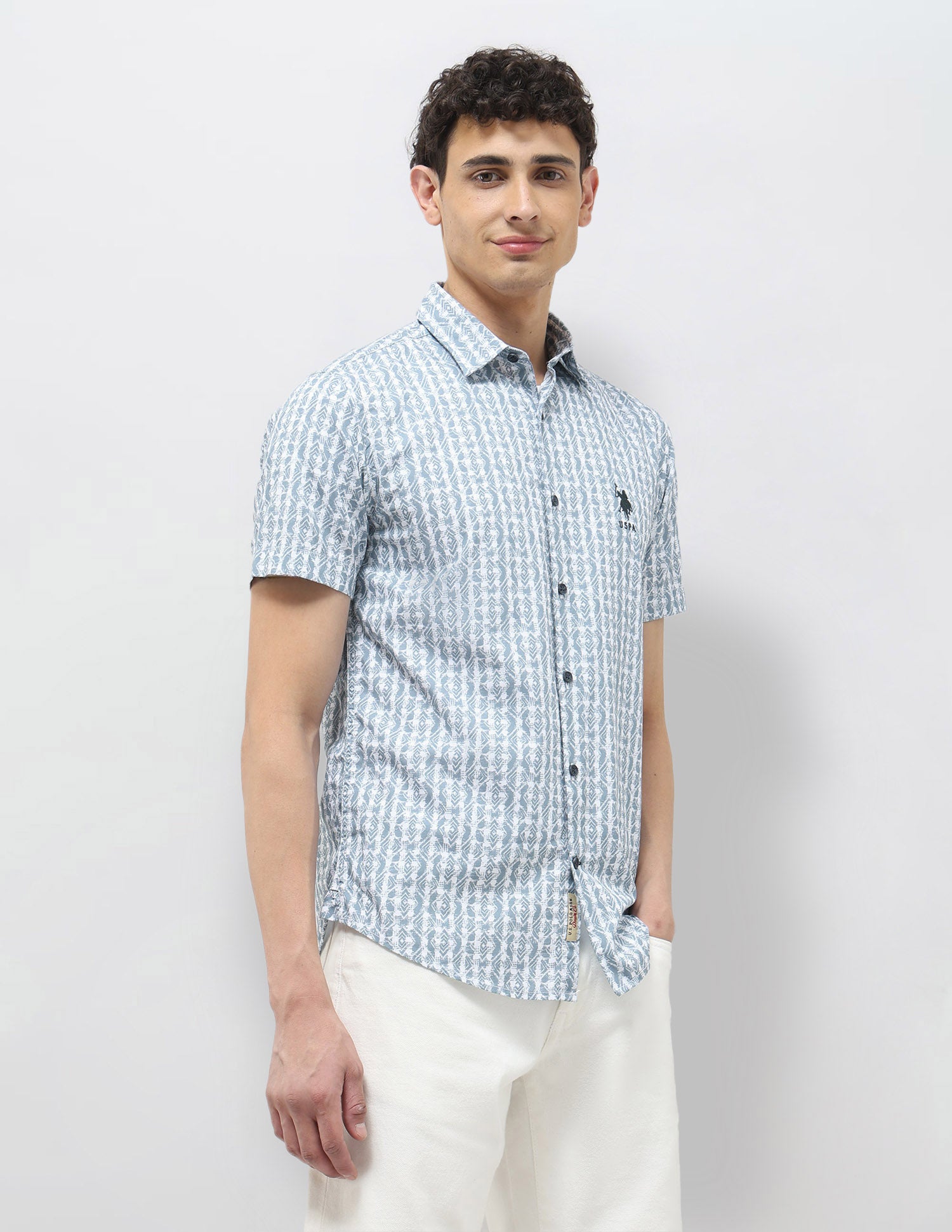 All Over Printed Pure Cotton Shirt Teal - U.S. POLO ASSN. | Large