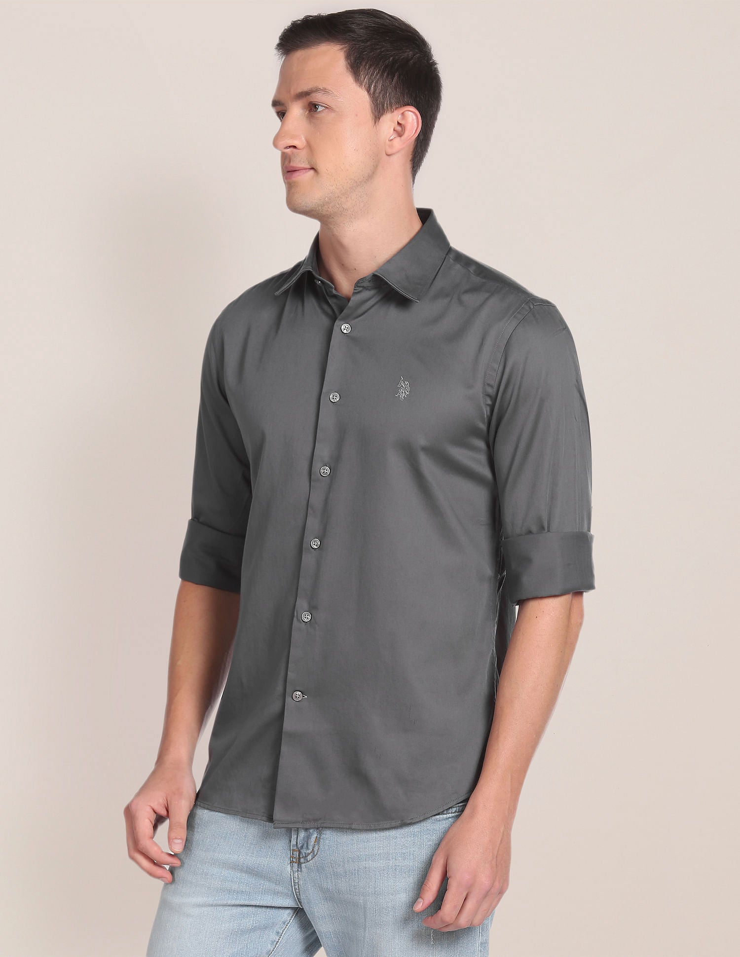 Spread Collar Solid Shirt Grey - U.S. POLO ASSN. | Large