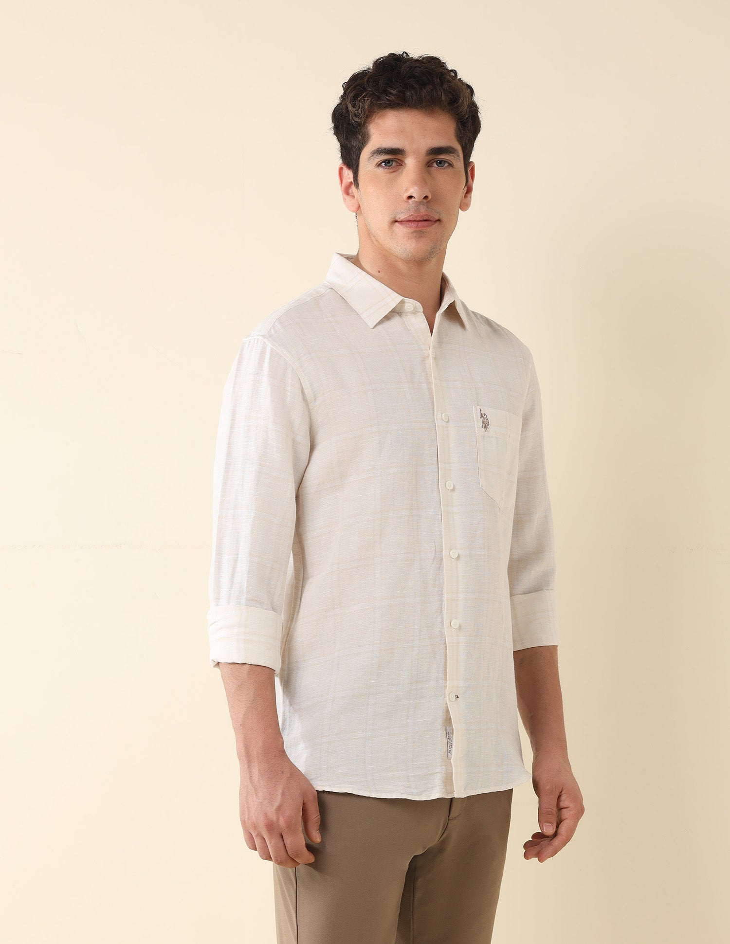 Grid Tattersall Checked Tailored Fit Shirt Cream - U.S. Polo Assn. India | Large