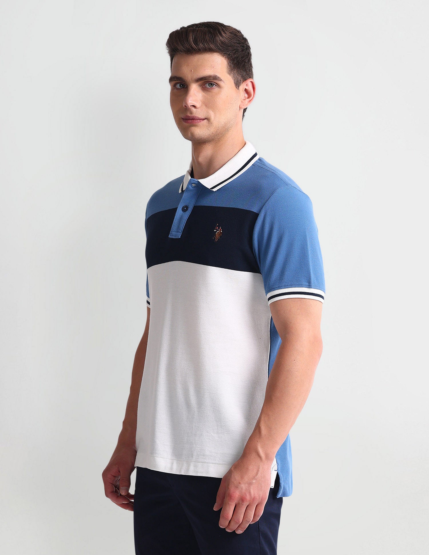 Colour Block Muscle Fit Polo Shirt Blue and White - U.S. Polo Assn. India | Large