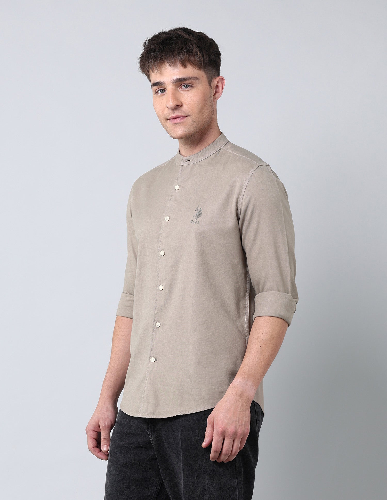 Solid Pure Cotton Twill Shirt Khaki - U.S. Polo Assn. India | Large
