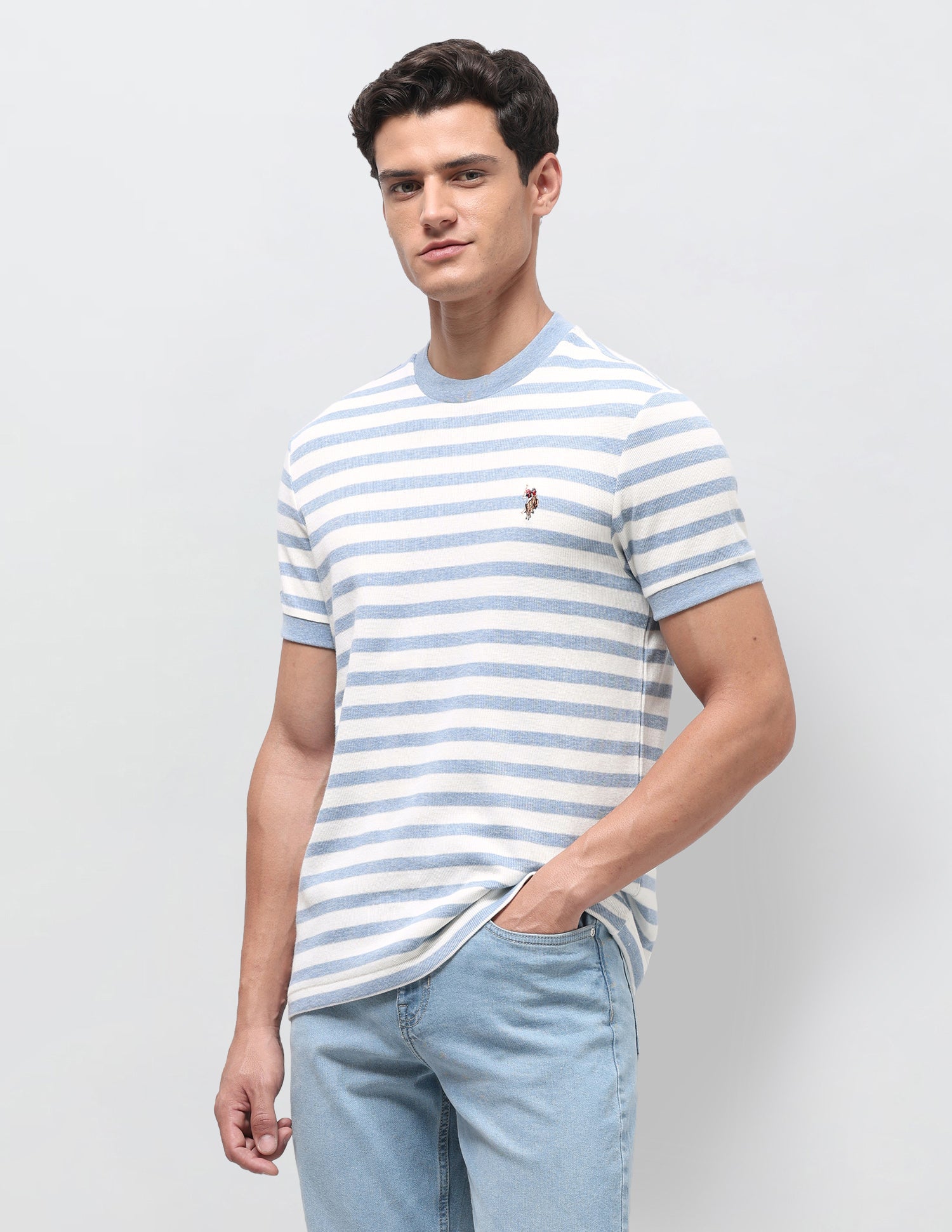 Horizontal Striped Slim Fit T-Shirt Blue Melange - U.S. Polo Assn. India | Large